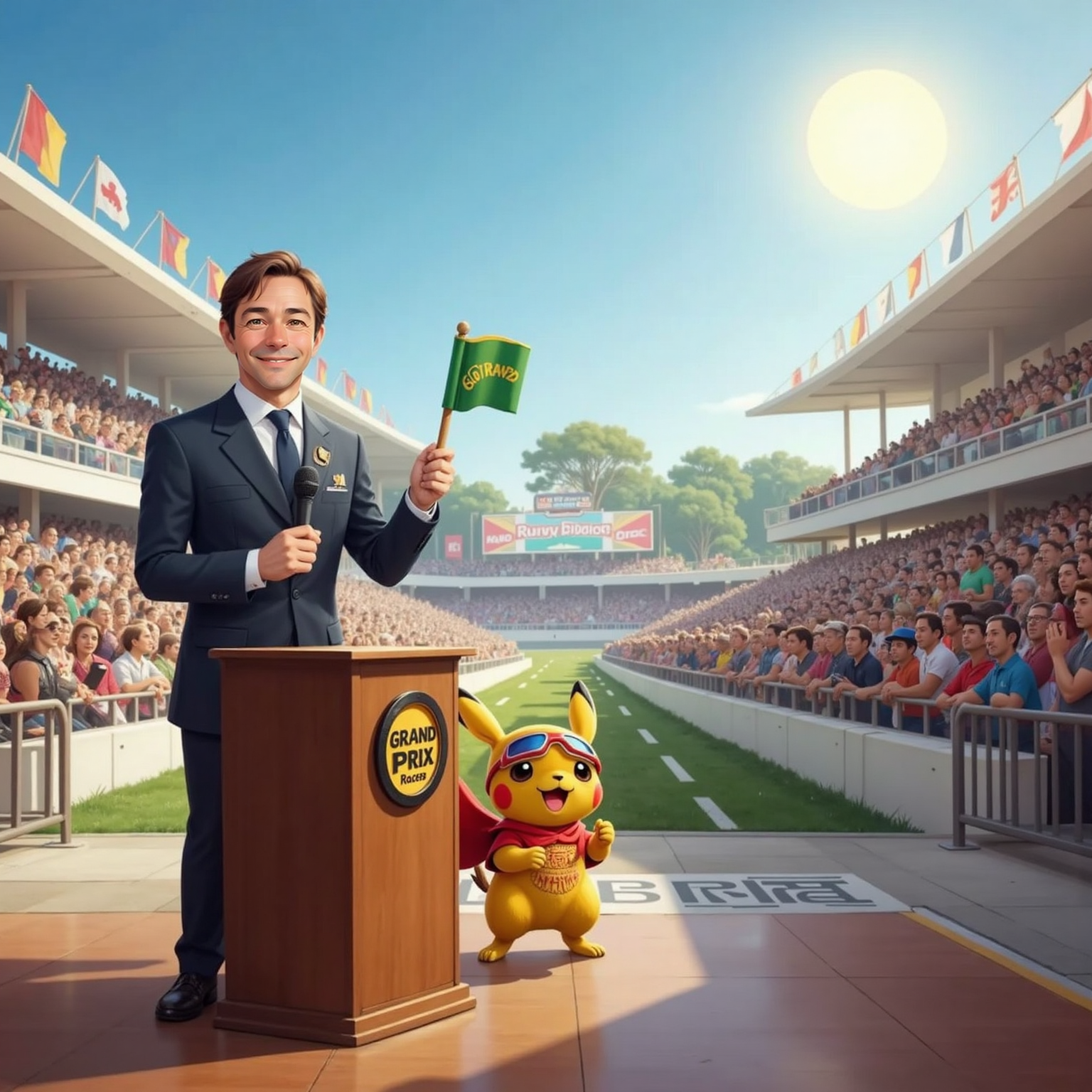 On a sunlit outdoor stage, Commissioner Jacob stands at the podium waving to cheering crowds from all 20 kingdoms. Beside him Forky lifts a green flag as Super Bunny zooms overhead, red cap and goggles gleaming.