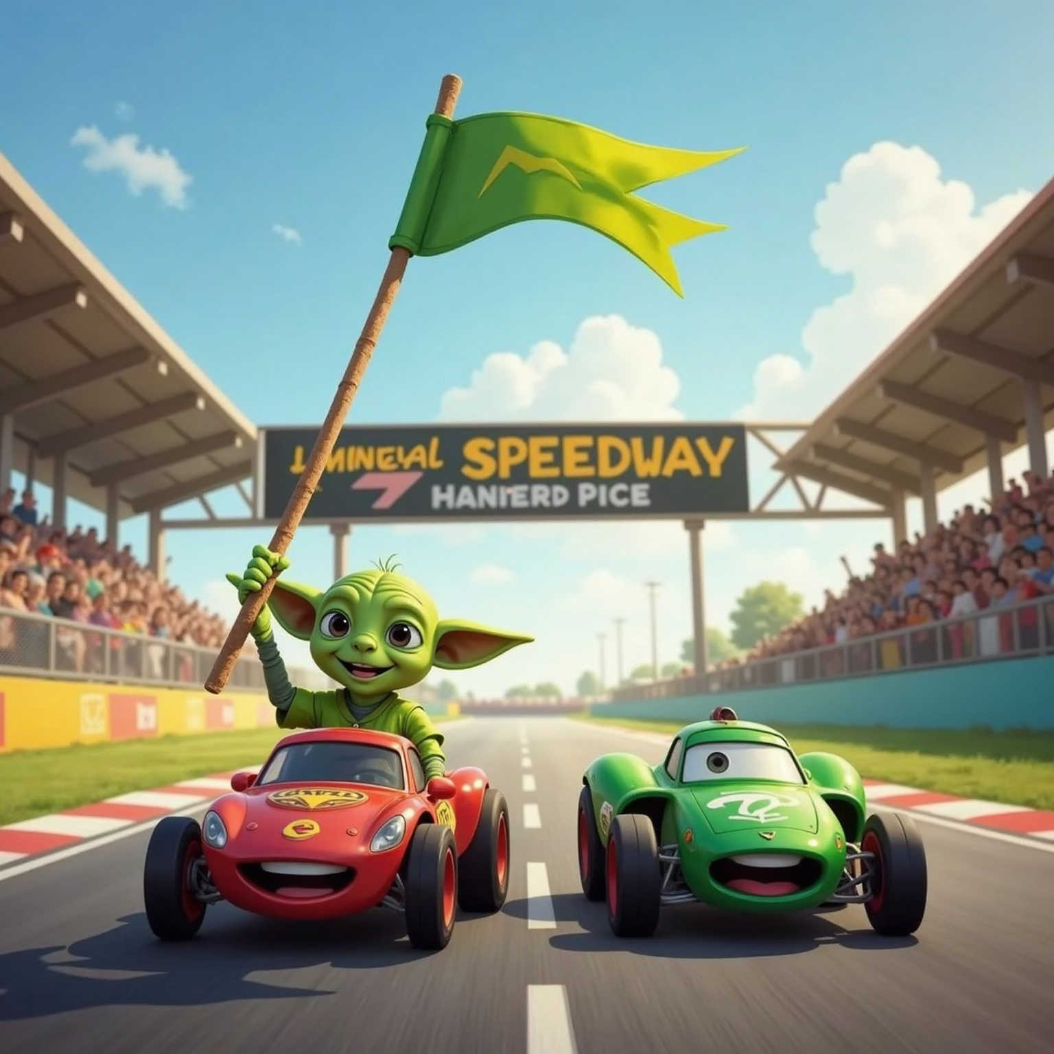 Under bright morning light, Super Baby Yoda’s softly glowing car waits at the starting line beside Chick Hicks’ green racer. Forky stands in front, arms raised and green flag poised to drop, engines rumbling behind him.