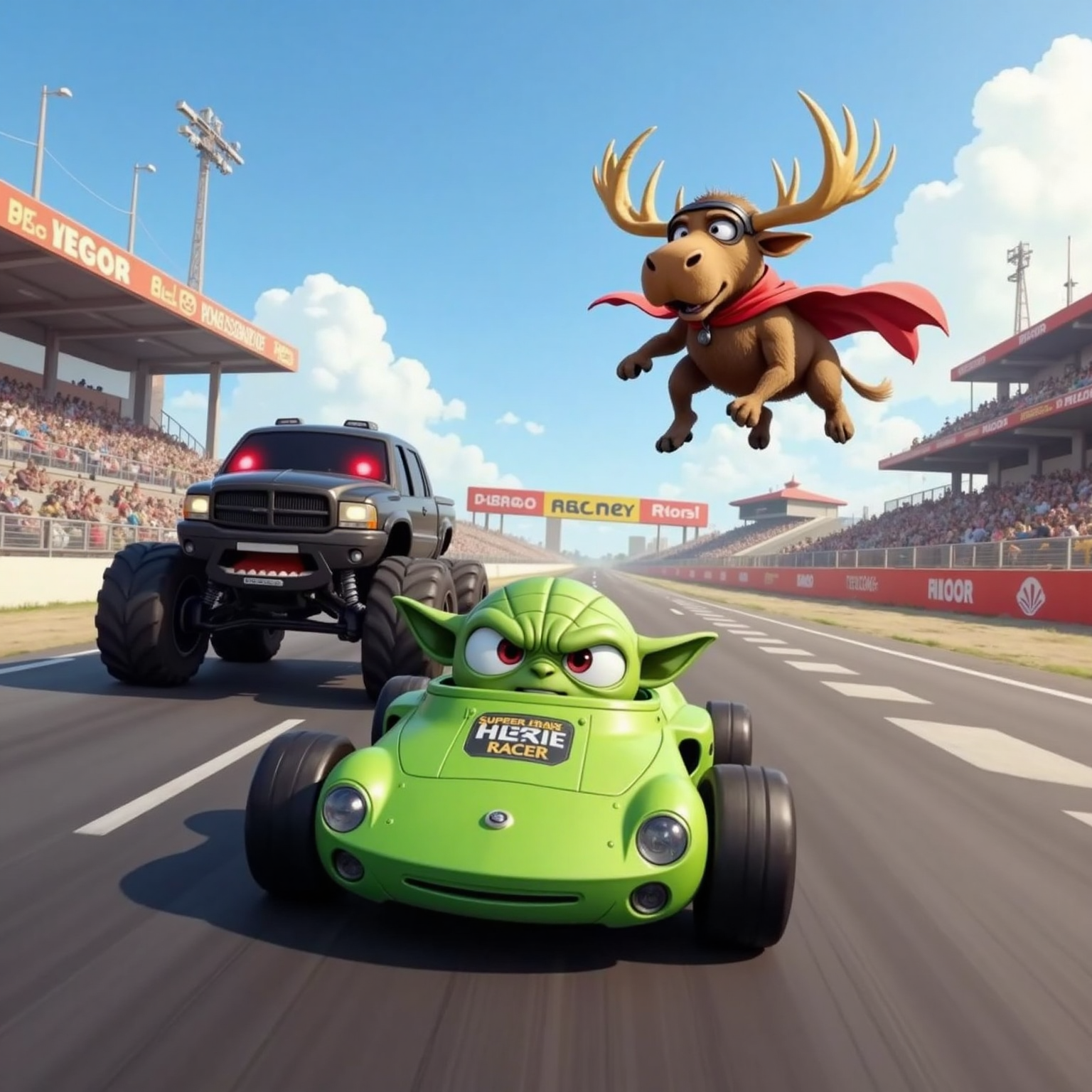 Mid-race on the asphalt track, Super Baby Yoda’s car hurtles ahead while Monster Truck growls close behind. Above them Super Moosey hovers, cape rippling in clear daylight, keeping pace just over the racing banners.