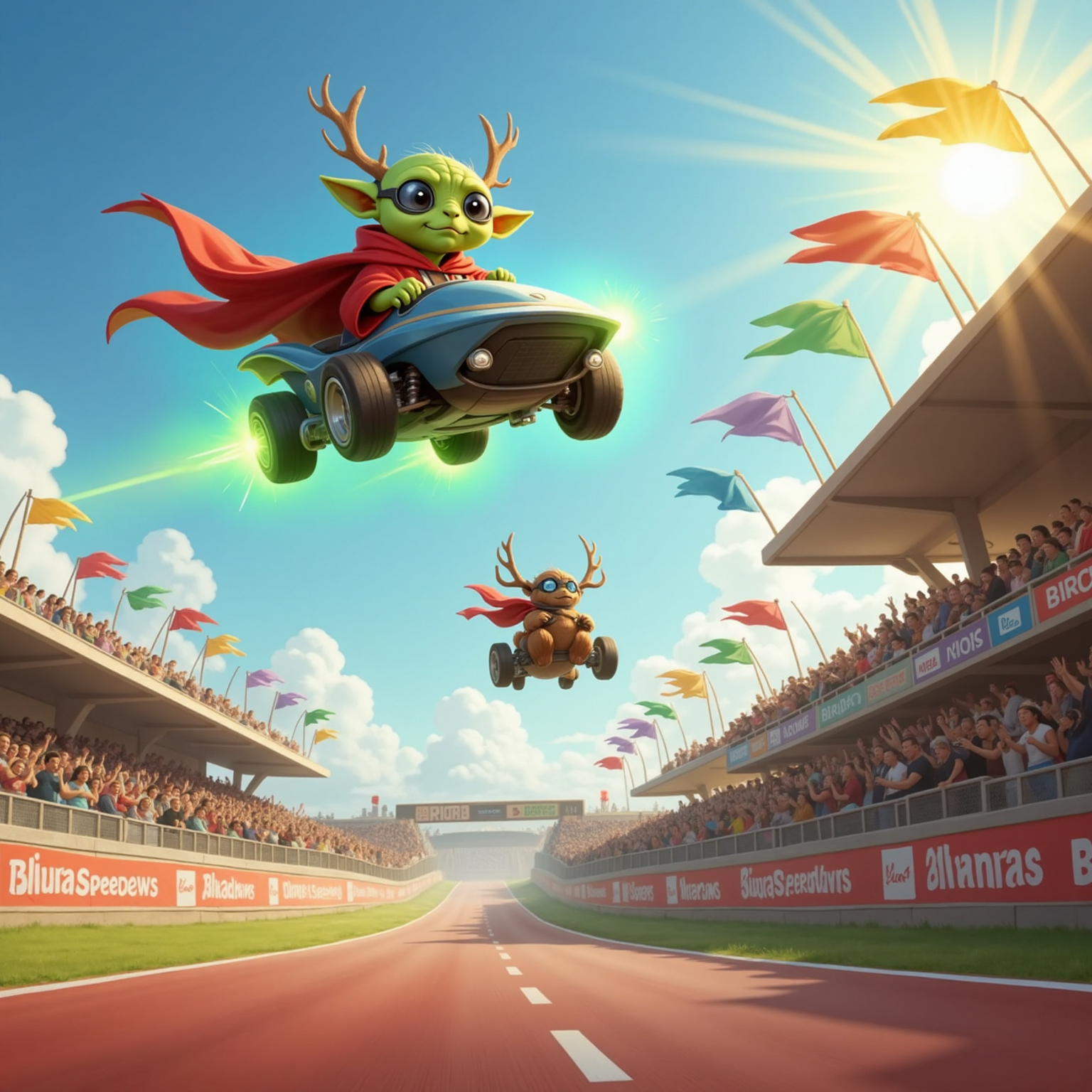 High over the sun-drenched ramp, Super Baby Yoda glows with closed eyes as his car sails in mid-air. Nearby Super Moosey arcs through the sky, crowd-filled grandstands and fluttering pennants visible beneath the leaping vehicles.