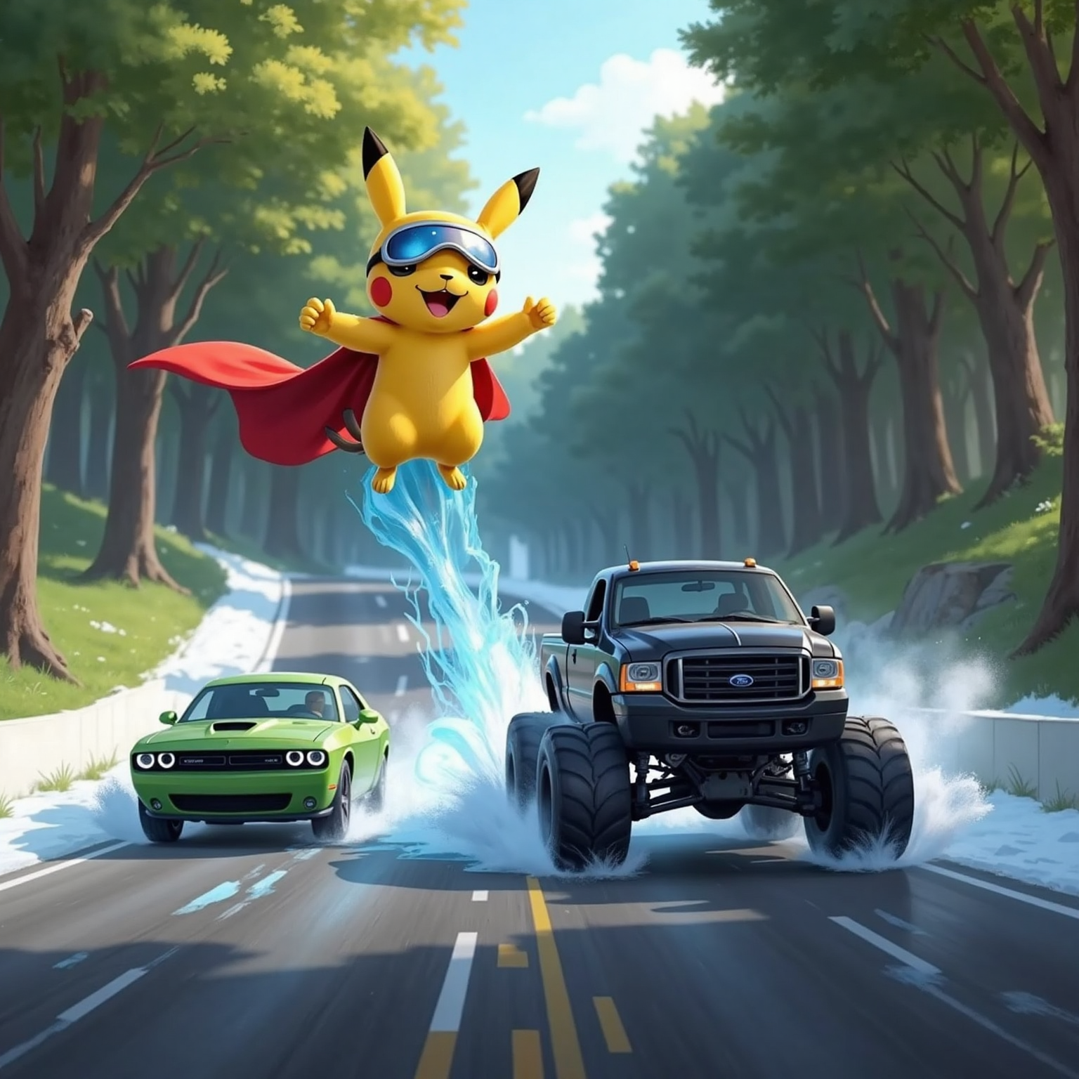 On a shady track curve, Super Bunny hovers before Monster Truck and Chick Hicks, exhaling a shimmering blue freeze breath that frosts the air. The two green and black cars skid, tires steaming against the sudden icy patch.