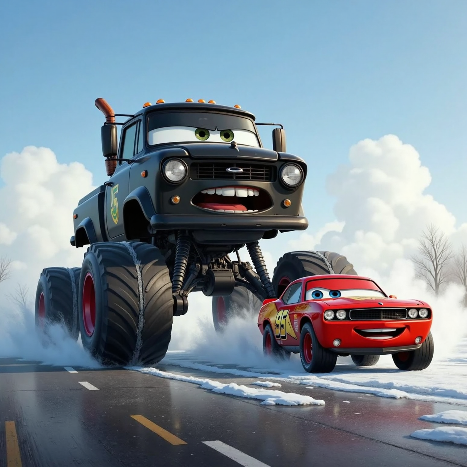 Mid-afternoon sunlight glints off Monster Truck and Chick Hicks, frozen in a swirling mist of cold air, wheels spinning uselessly. Super Lightning McQueen streaks past the stalled pair, laughing, as snowy tire tracks sparkle on the asphalt.