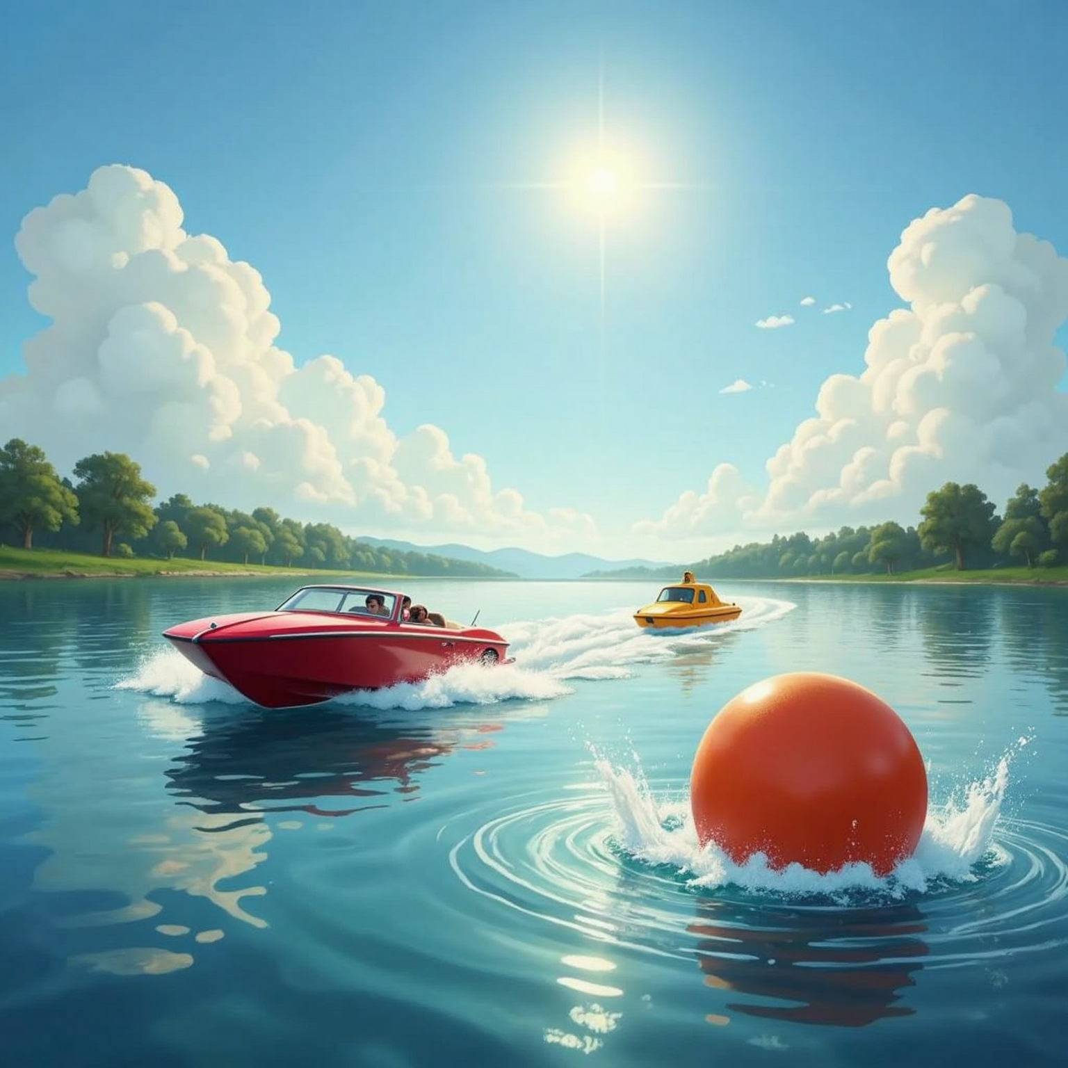 On sparkling Lake Jacob at midday, Super Moosey’s red car skims the surface as a sleek boat, spray flying. Nearby Super Baby Yoda’s glowing submarine pops up while Super Lightning McQueen’s converted speedboat races toward the next buoy.