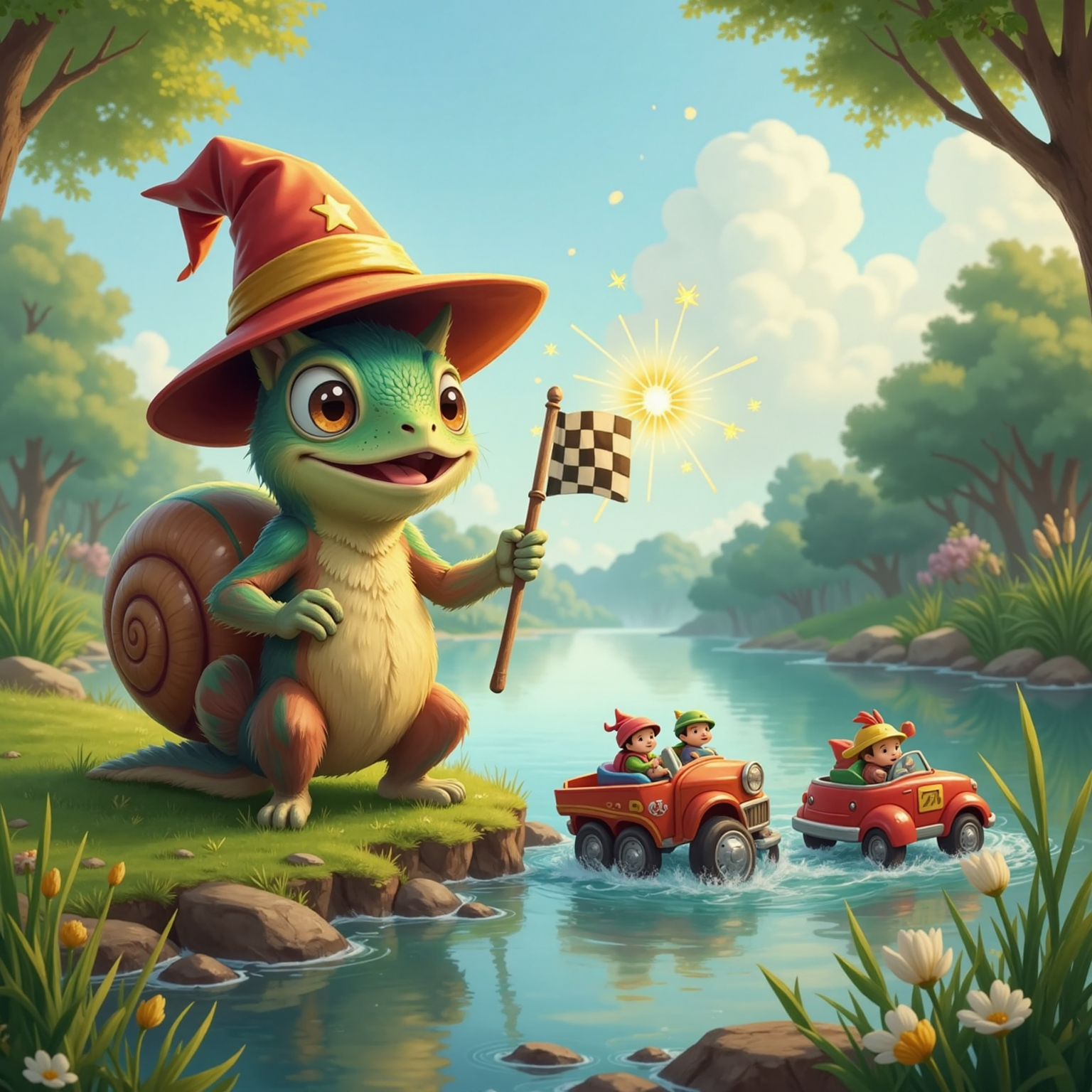 Beside the lake’s grassy shore, the snamelian wizard in a pointed hat casts shimmering sparks with his wand as the racers’ cars roll onto dry land. Forky waves checkered flags jubilantly, water droplets glistening on the vehicles in afternoon sun.