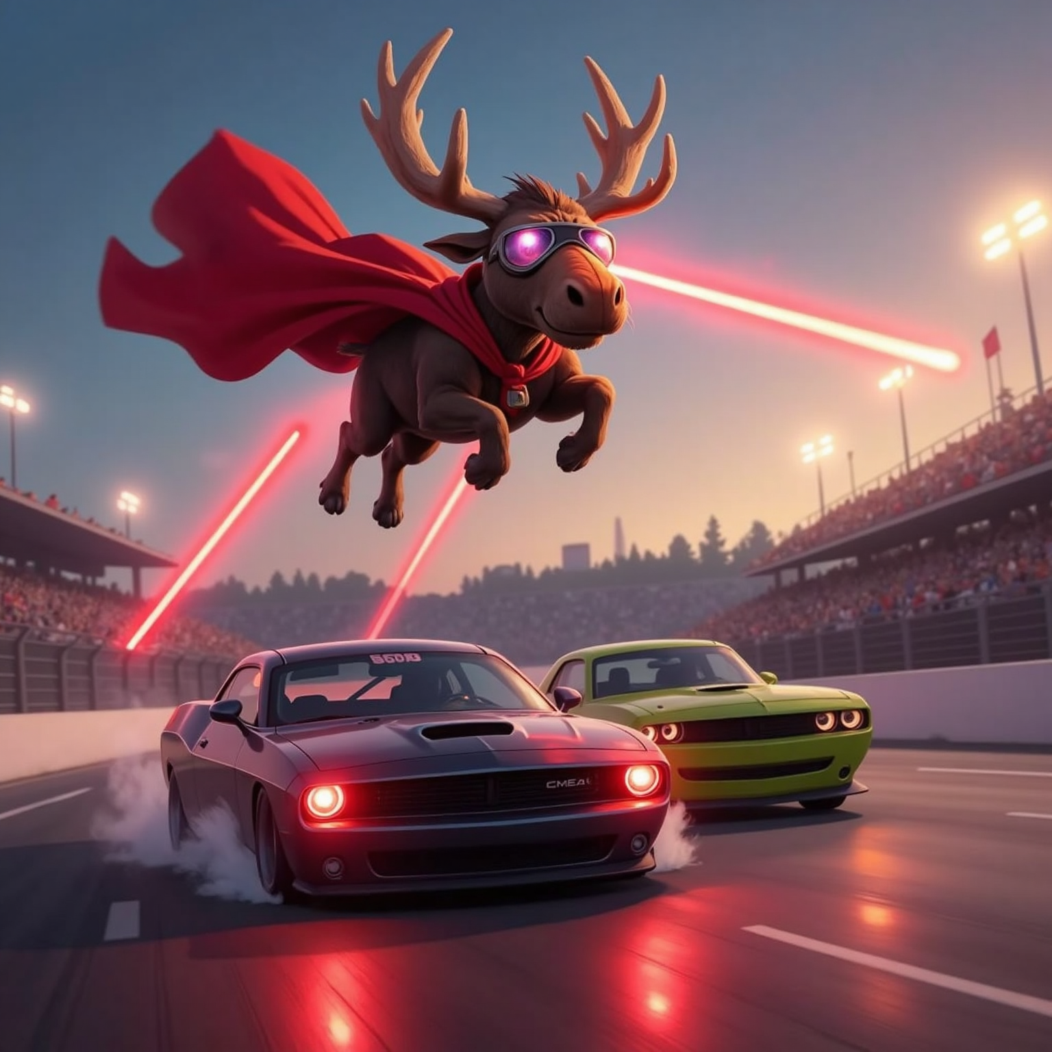 During the twilight final lap, Super Moosey flies above the track firing bright red laser beams from his antlers, illuminating the asphalt. Below, Super Baby Yoda’s car pushes ahead while Chick Hicks trails, the glowing beams reflecting off their windshields.