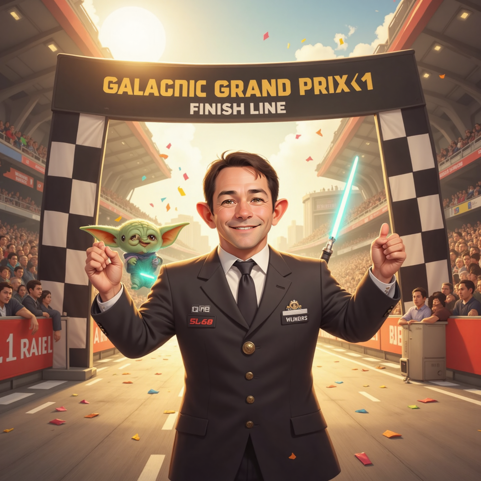 At the sun-lit finish line, Super Baby Yoda bursts through the ribbon, aura shining bright. Commissioner Jacob stands beside the checkered banner, arms raised in triumph as confetti falls and grandstands packed with spectators blur behind.