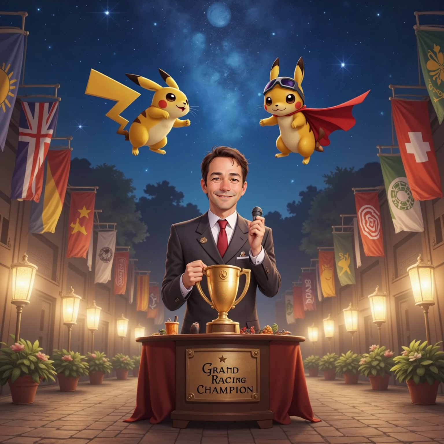 In the moonlit courtyard, Commissioner Jacob lifts a huge golden trophy above a decorated table while Super Bunny flips mid-air nearby, cape swirling. Colorful flags and lanterns from every kingdom line the party, music players glowing in the background.