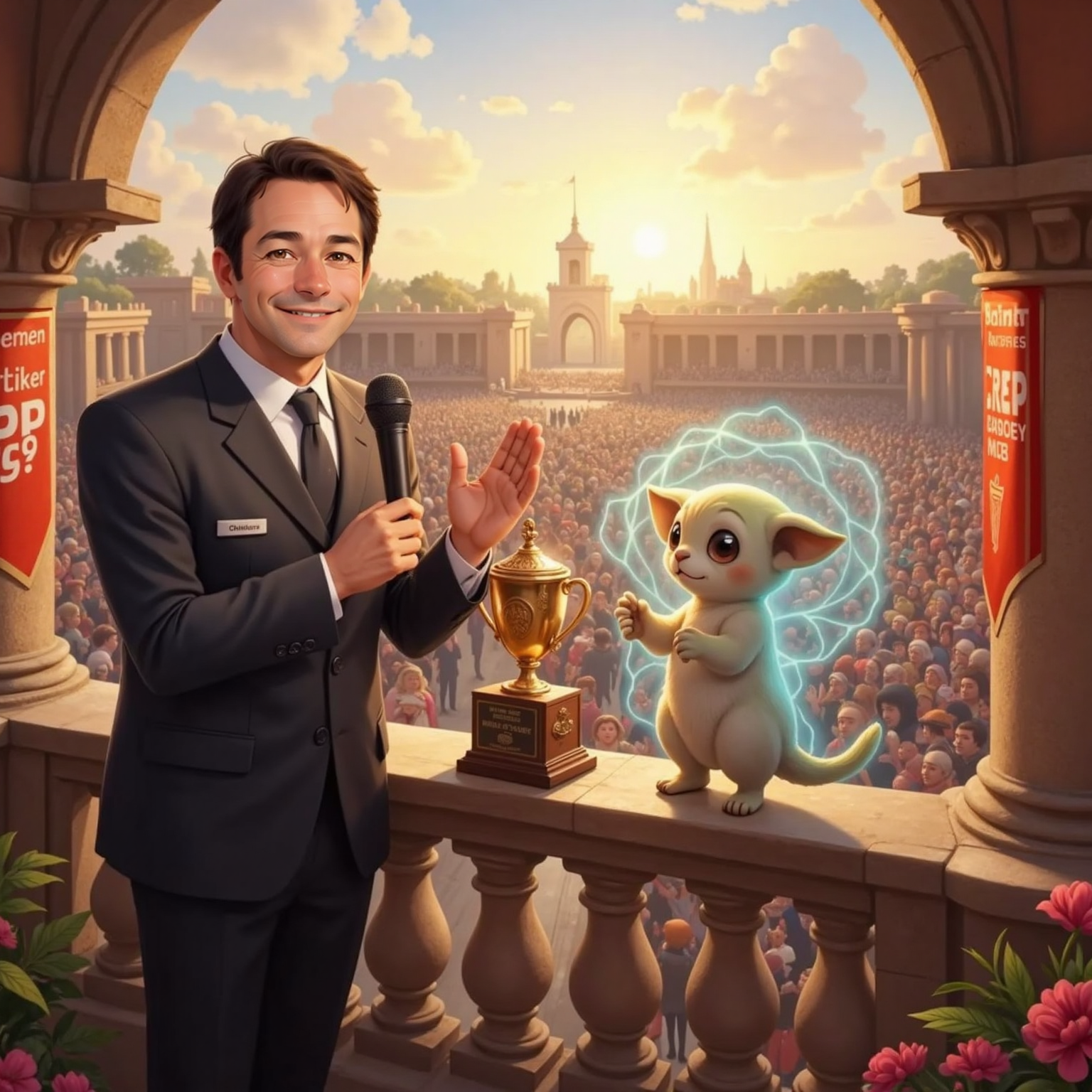 At sunset on the castle balcony, Commissioner Jacob hands the gleaming Piston Cup to Super Baby Yoda, whose small hands cradle it proudly. Warm orange light bathes them as dancing crowds celebrate on the plaza below.