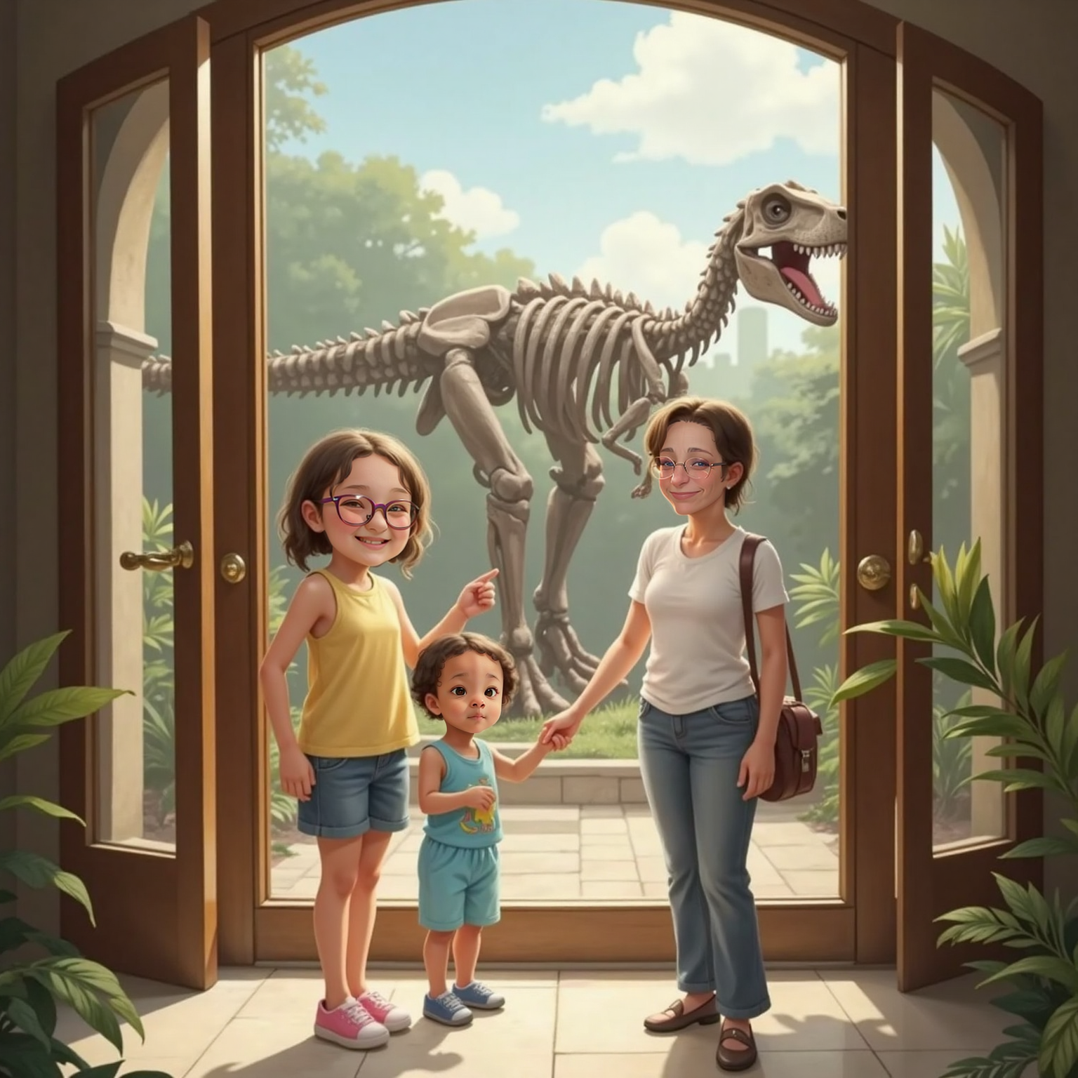 Aunt KK points at a dinosaur skeleton in the museum window while GG holds CJ’s hand.