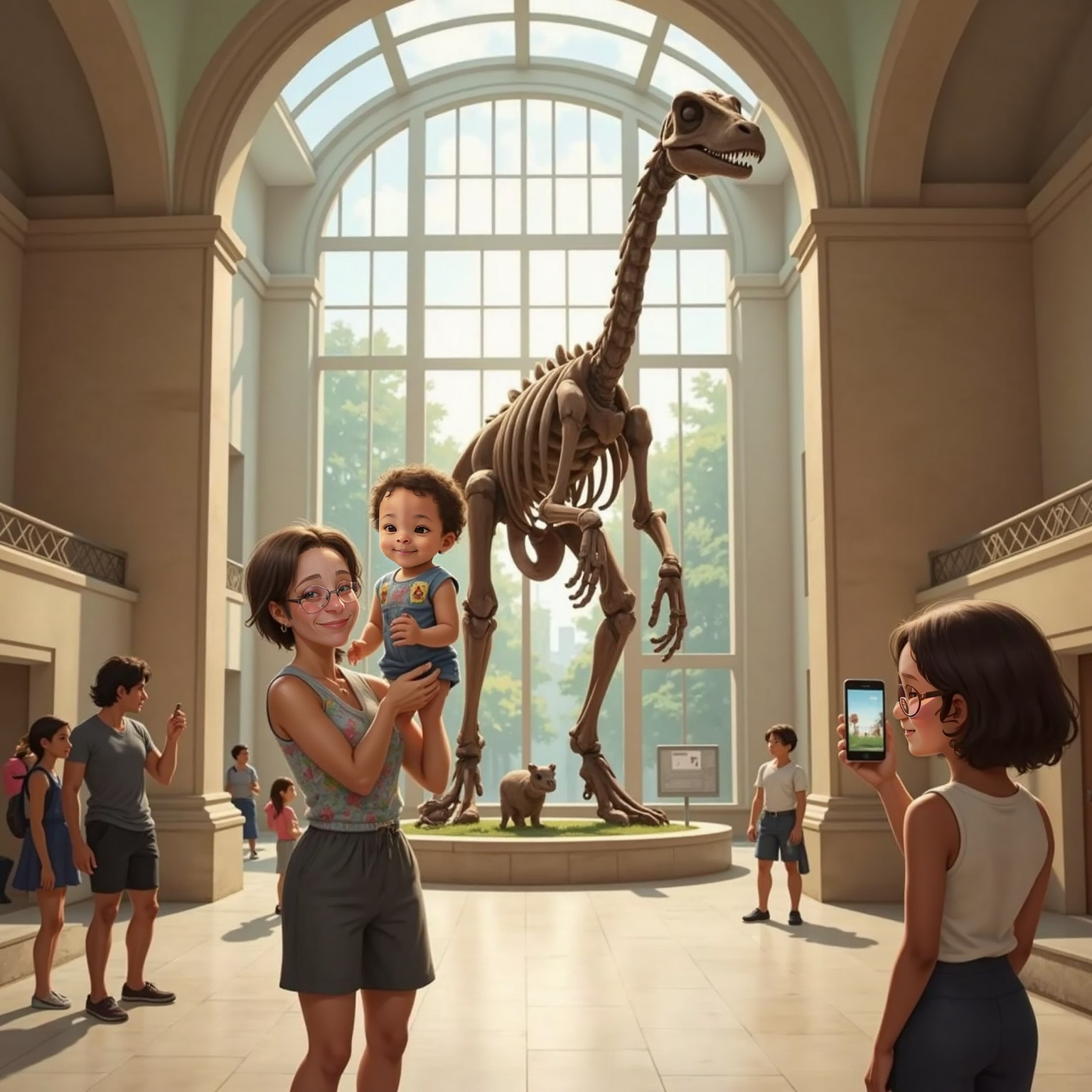 Under bright atrium lights inside the museum hall, GG lifts laughing CJ toward an enormous suspended dinosaur skeleton while Aunt KK stands beside them snapping a photo with her phone. Marble floors and visitor shadows frame the scene.
