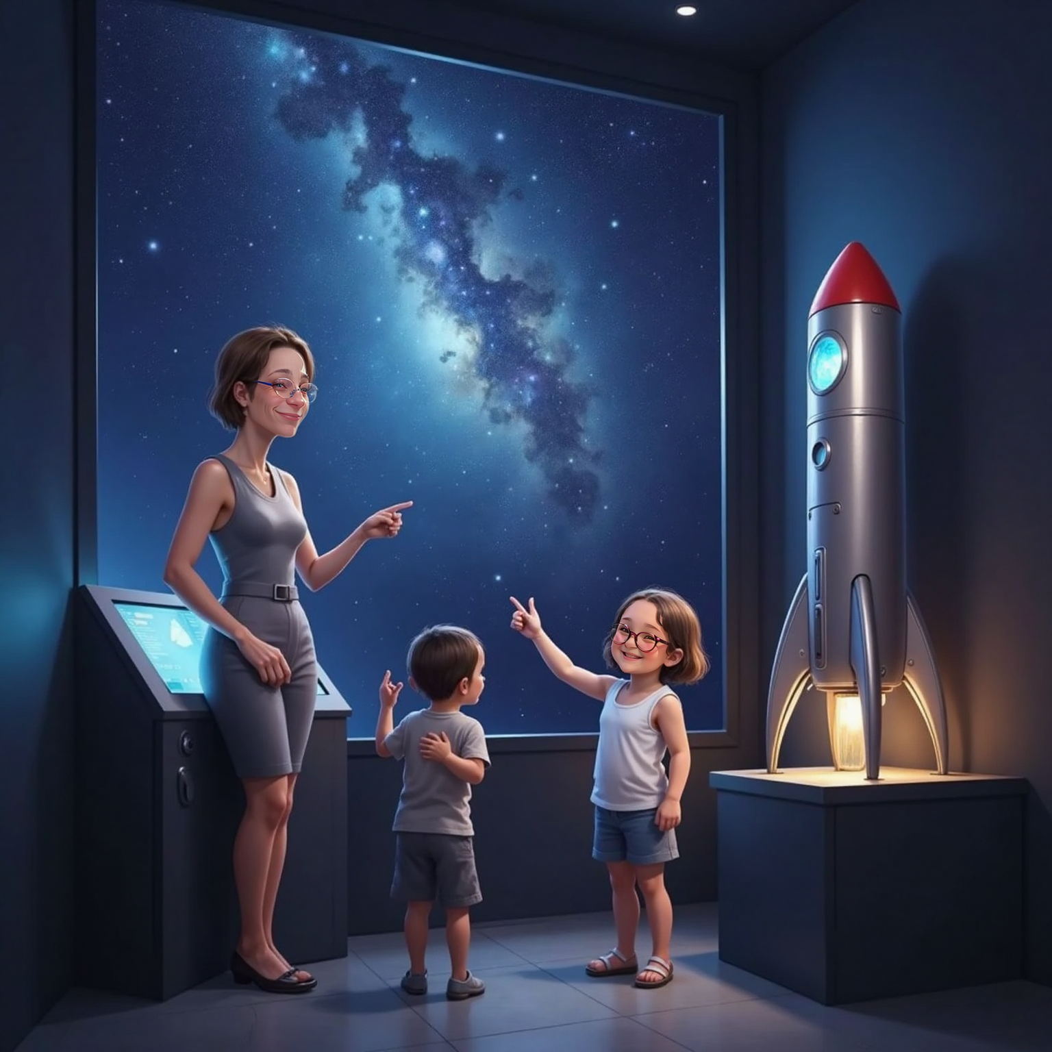 In the darkened space-exhibit room, GG presses a glowing button on the control panel as pinprick stars ignite across the ceiling. Aunt KK points toward a silver rocket model while CJ, arms raised, reaches for the twinkling lights.