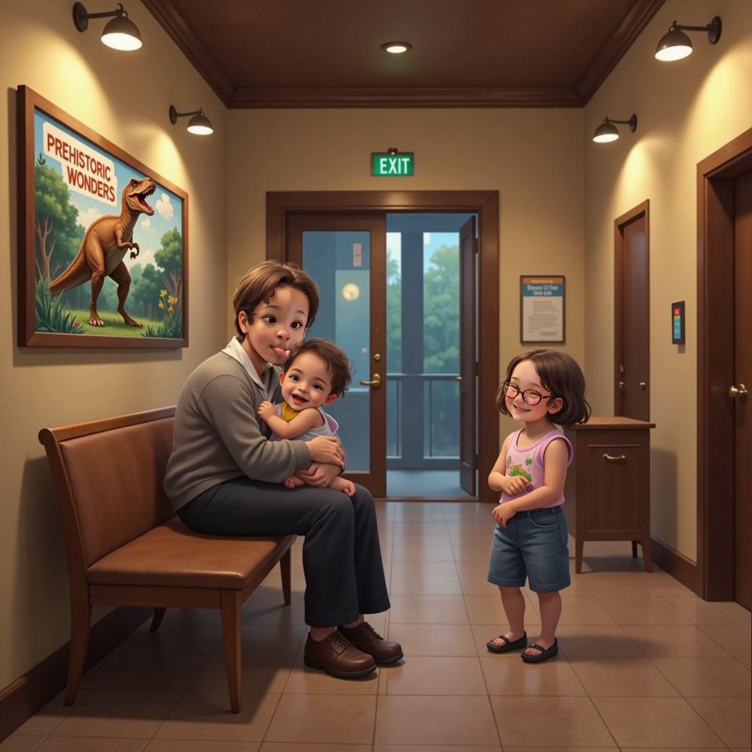 Evening lamps gleam in the quiet museum lobby where GG sits on a wooden bench cradling yawning CJ against her shoulder. Nearby, Aunt KK hugs a shiny dinosaur sticker to her chest, smiling contentedly near the glass exit doors.