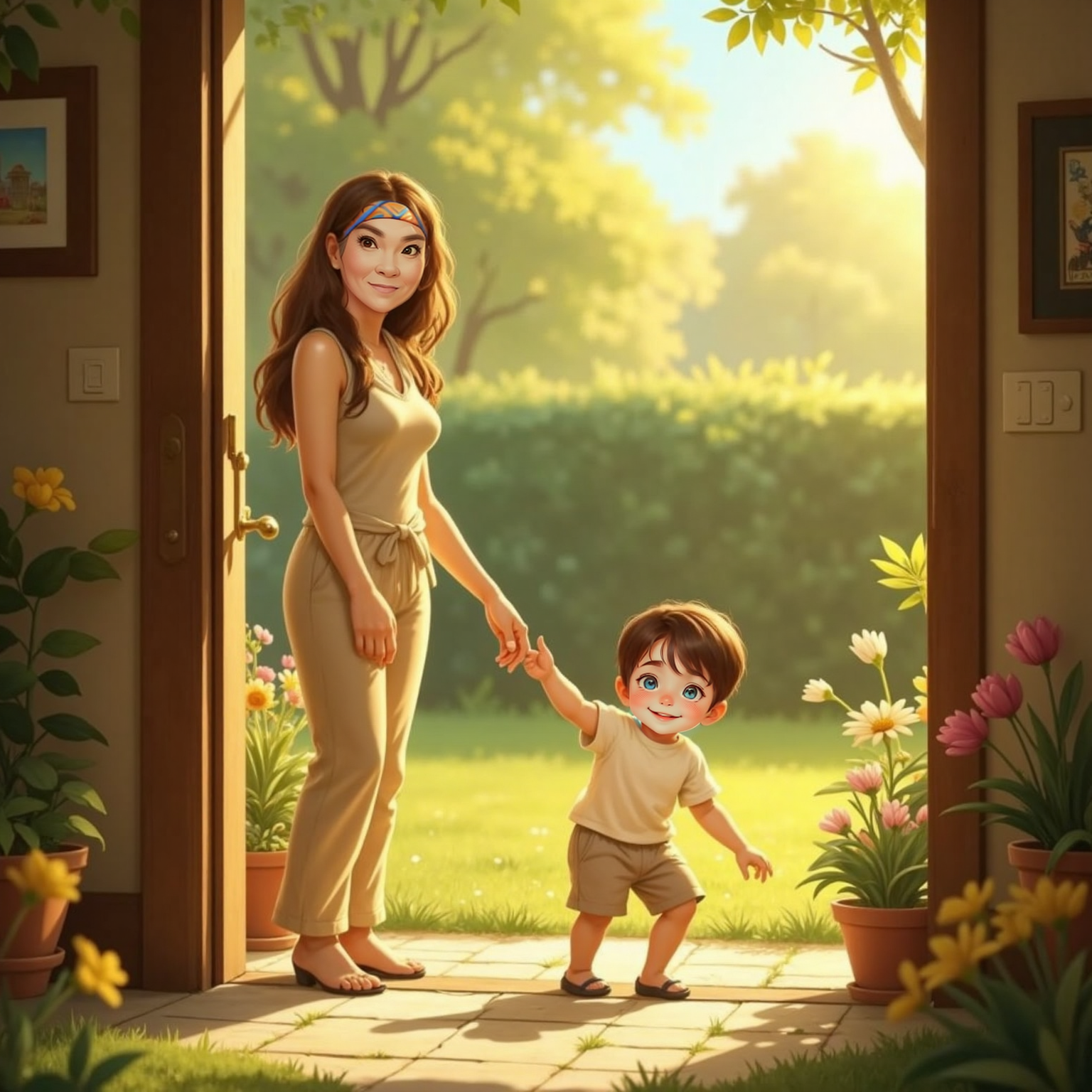 By the open doorway at morning, Vamika points toward the sunlit garden beyond. John Jr crawls past her into the warm light, grinning at his first tiny taste of moksha.