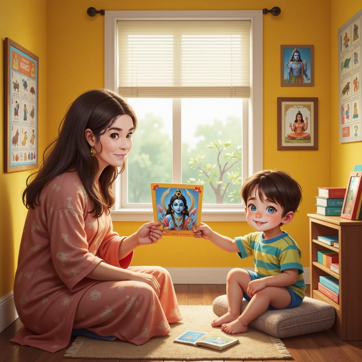 Inside a colorful study, Vamika fans picture cards of Vishnu, Shiva, and Shakti before a bright window. Seated on a cushion, John Jr eagerly points to the blue-skinned Vishnu card, cheeks dimpled with delight.