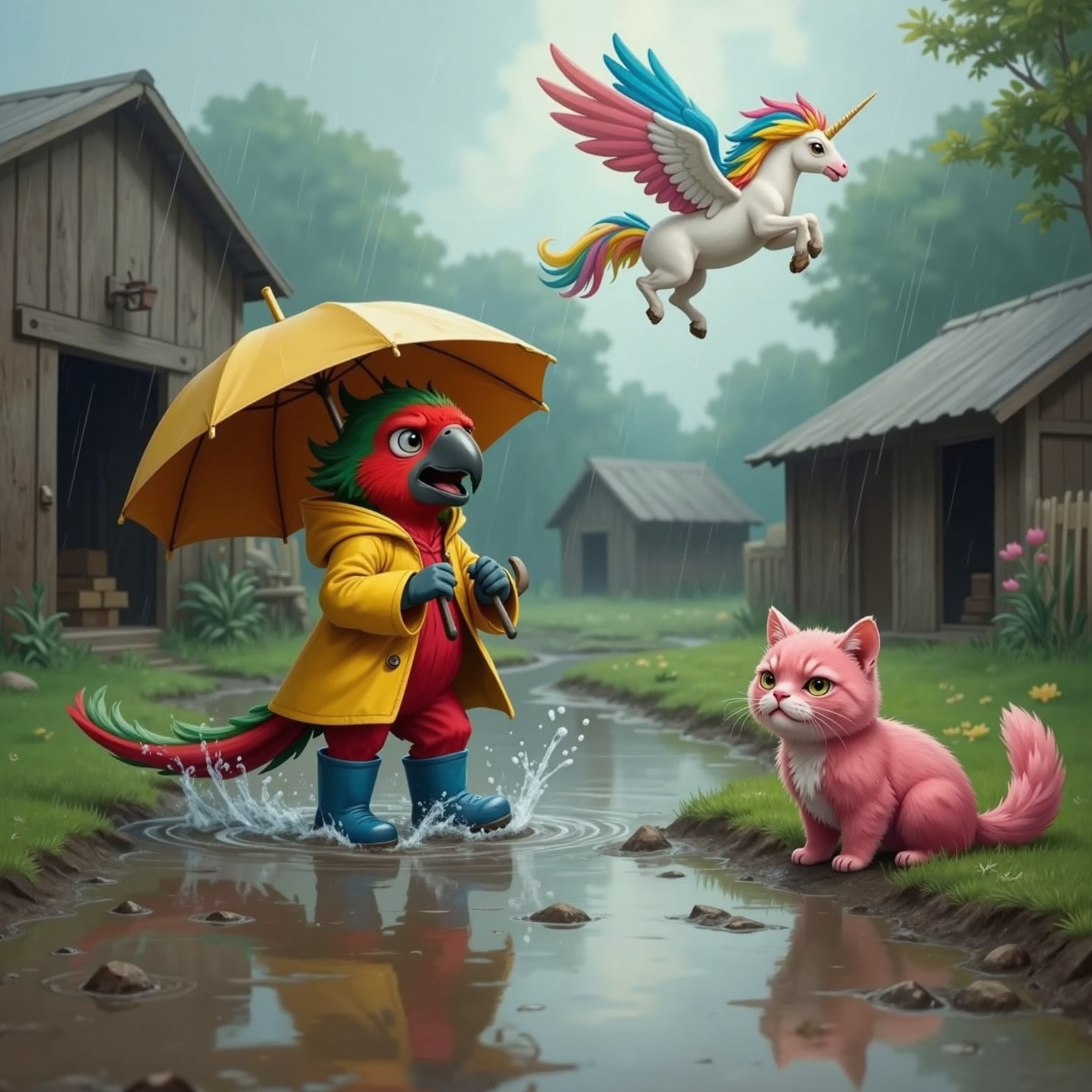 On a muddy farmyard at noon rain, CIK PIAH, red-green bird, dashes in yellow raincoat, blue boots, clutching a giant umbrella. MOON, rainbow unicorn, hovers laughing above while MEOW, pink cat, grimaces and squeezes her soaked tail beside a puddle.