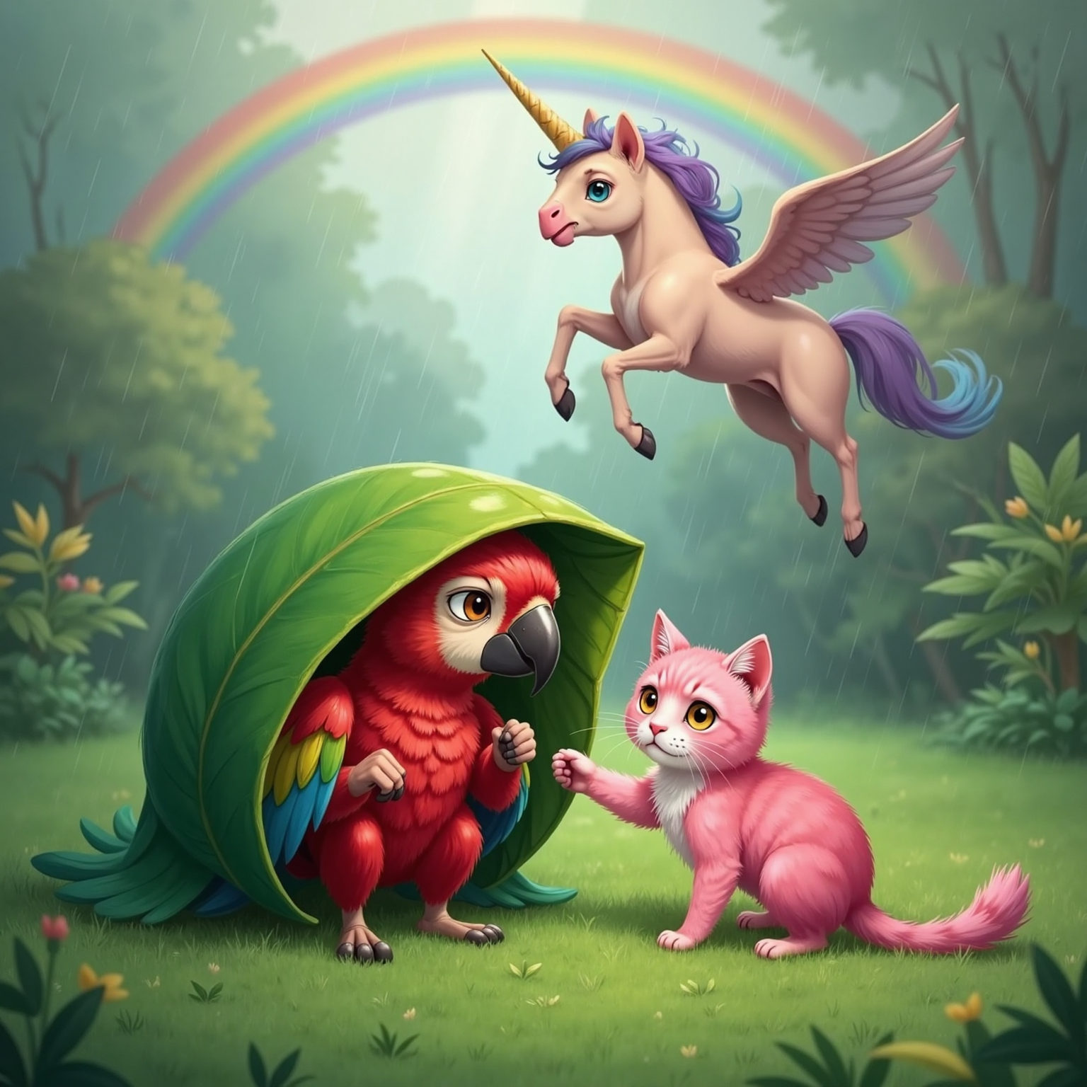 On a rain-soaked grassy field, CIK PIAH hides under a broad green leaf, looking worried, as MEOW, pink cat, touches her reassuringly. Above them MOON, rainbow unicorn, twirls through drizzle, painting a vivid rainbow across the dull sky.
