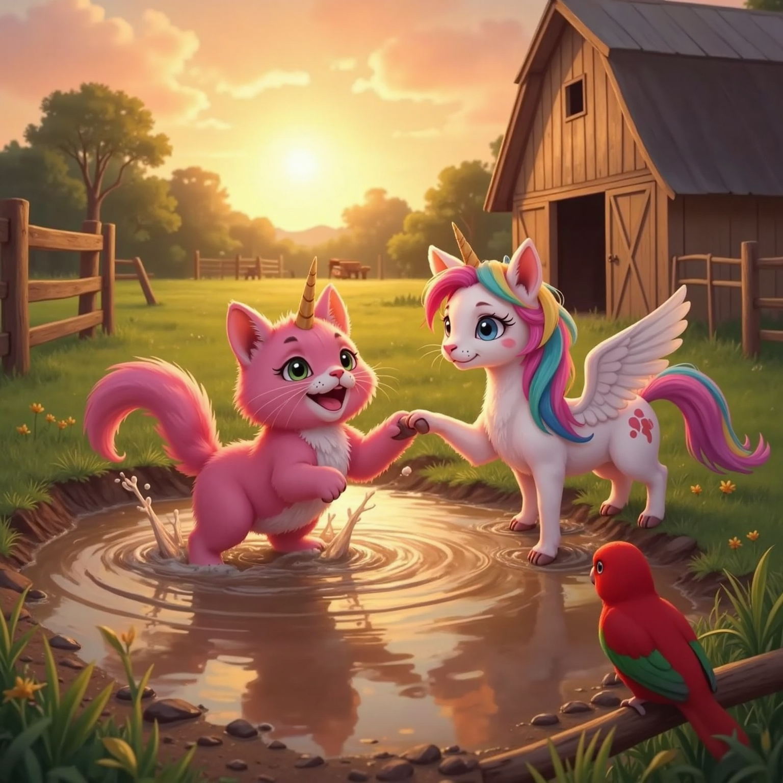 In the muddy farmyard near sunset, MEOW, pink cat, splashes joyfully into a broad puddle. MOON, rainbow unicorn, reaches out a gentle hoof while CIK PIAH stands at the rim, unsure but smiling.