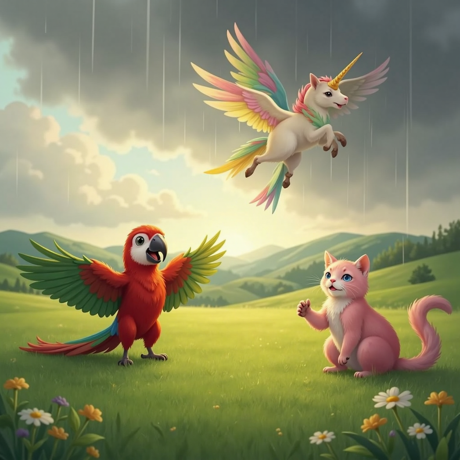On an open pasture during soft dusk rain, CIK PIAH, red-green bird, stretches her wings and laughs as water sparkles on feathers. Above, MOON the rainbow unicorn weaves a rainbow across grey clouds, while MEOW, pink cat, claps nearby.