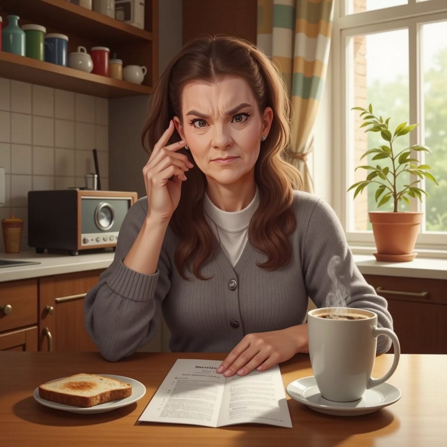 In Granny's cozy kitchen on a sunny morning, Granny sits at the table rubbing her temple and frowning, a small silver brain-chip instruction leaflet lying beside her coffee mug.