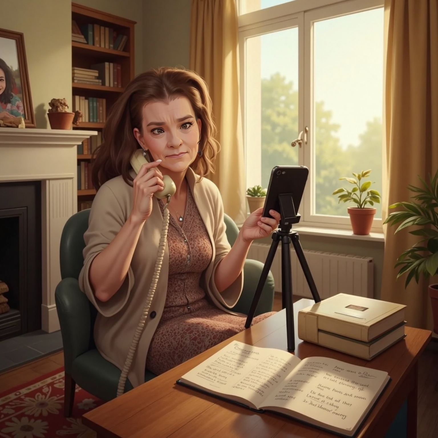Afternoon sunlight fills Granny's living-room as she records herself with a phone on a tripod. One hand grips the receiver of an old landline while a notepad of worried phrases lies open beside her.