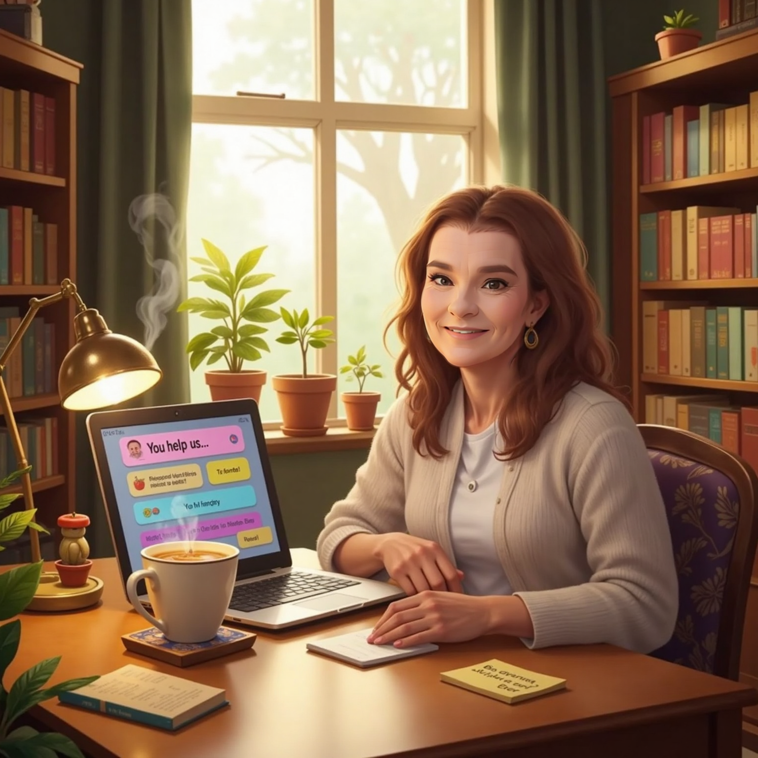 Morning light shines through the study window as Granny smiles at a glowing laptop, supportive messages like 'You help us' filling the screen. A steaming tea cup and a small yellow sticky note rest beside the keyboard.