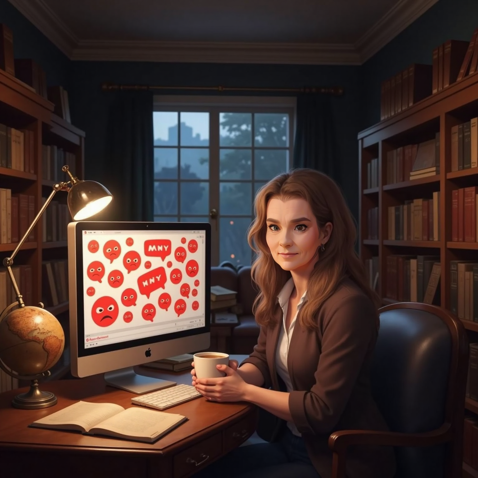 Inside the dim study, Granny sits calmly at her computer while red, angry comment bubbles stack on the monitor. Soft desk-lamp light highlights her steady gaze and folded hands beside a half-finished mug of cocoa.