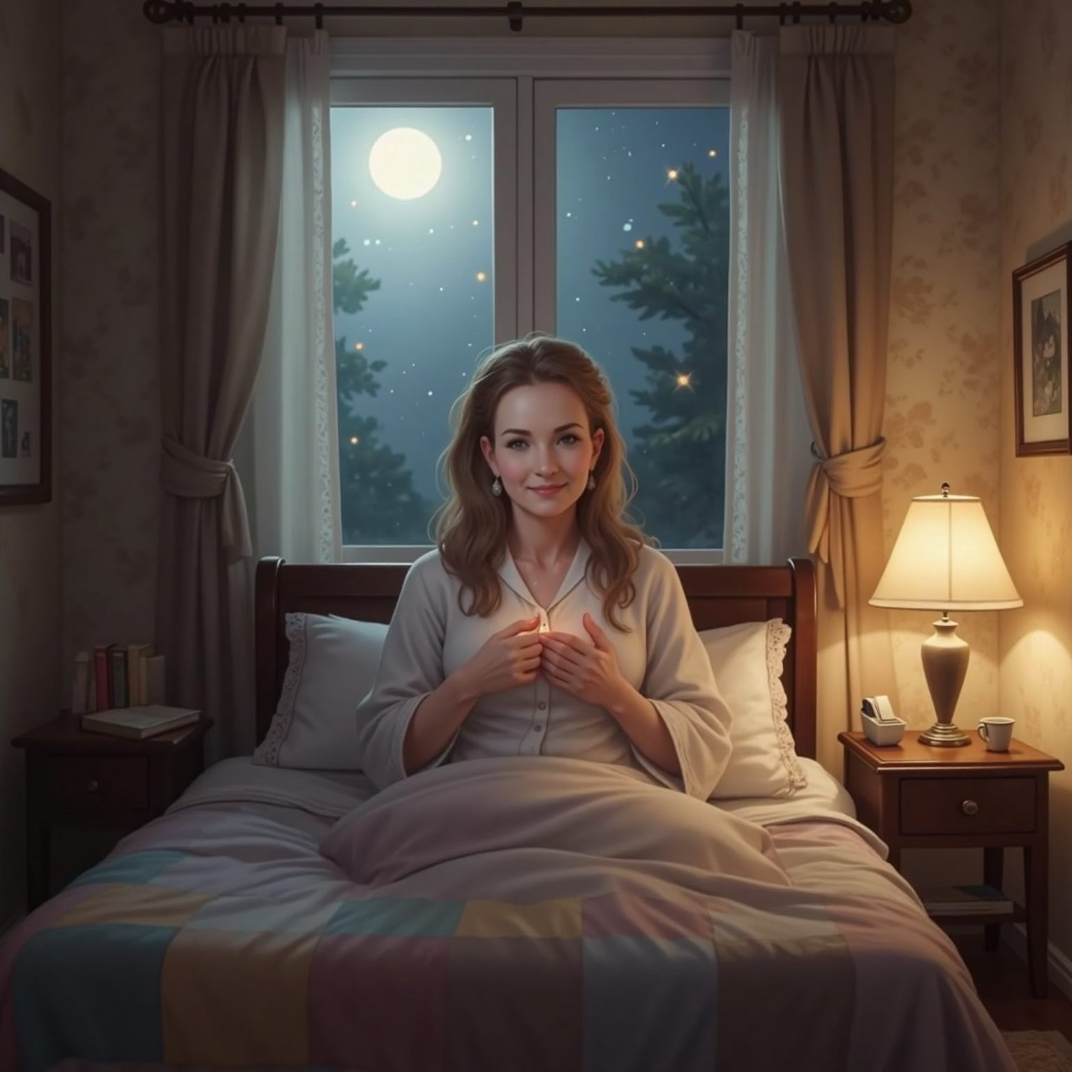 At midnight in her bedroom, moonlight pours across the quilt as Granny sits upright, eyes closed, hands over heart. A gentle golden glow forms near the ceiling, casting warm halos on the quiet walls.