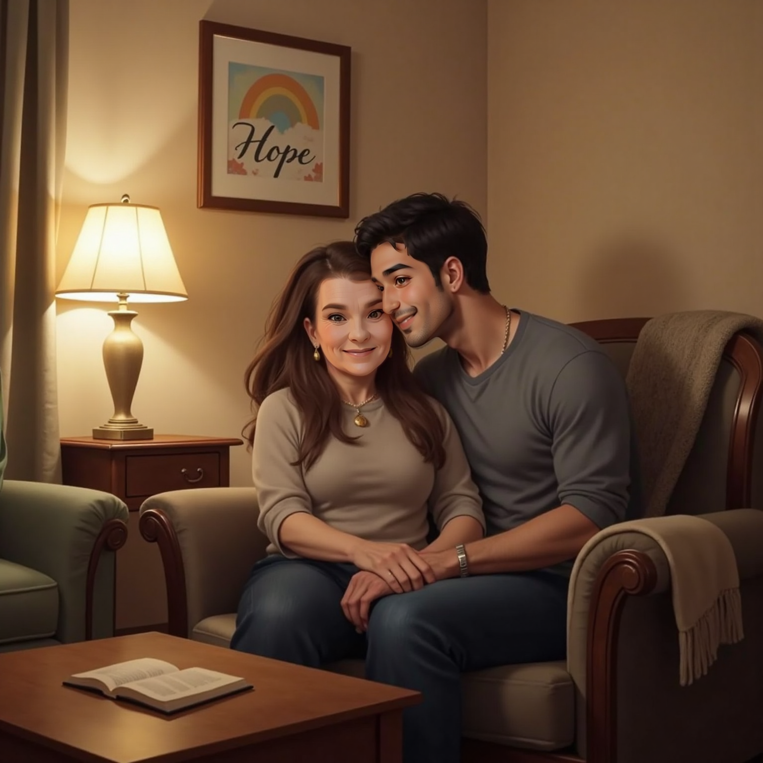 In the softly lit living-room, Granny rests in an armchair while Muhammad leans close, whispering kindly into her ear. Evening lamp light glints on his reassuring smile and a framed 'Hope' poster behind them.