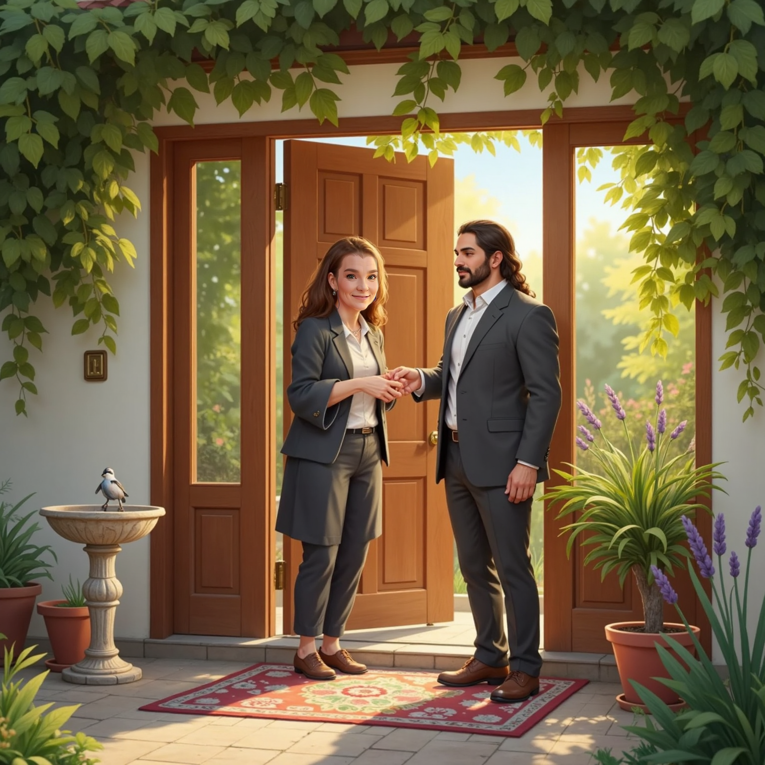 Morning sun brightens Granny's front porch as she opens the door to Jesus, who stands with gentle eyes and outstretched hand. A flowered welcome mat and hanging fern frame their warm meeting.