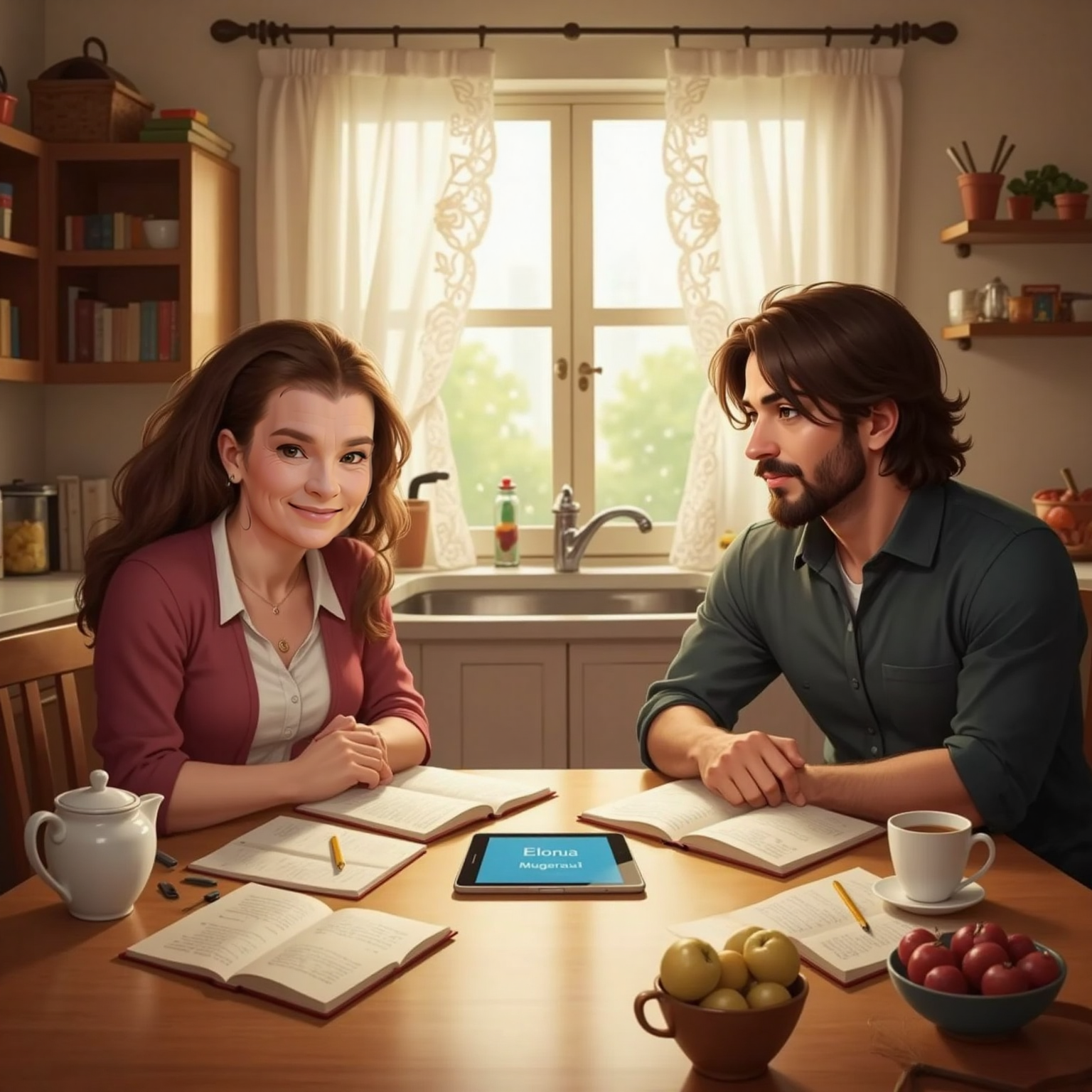 Inside the kitchen at noon, Granny and Jesus sit opposite each other at a wooden table covered with open notebooks and a small tablet showing Elonura Mugaraki’s name. Sunlight through lace curtains bathes their thoughtful, hopeful faces.