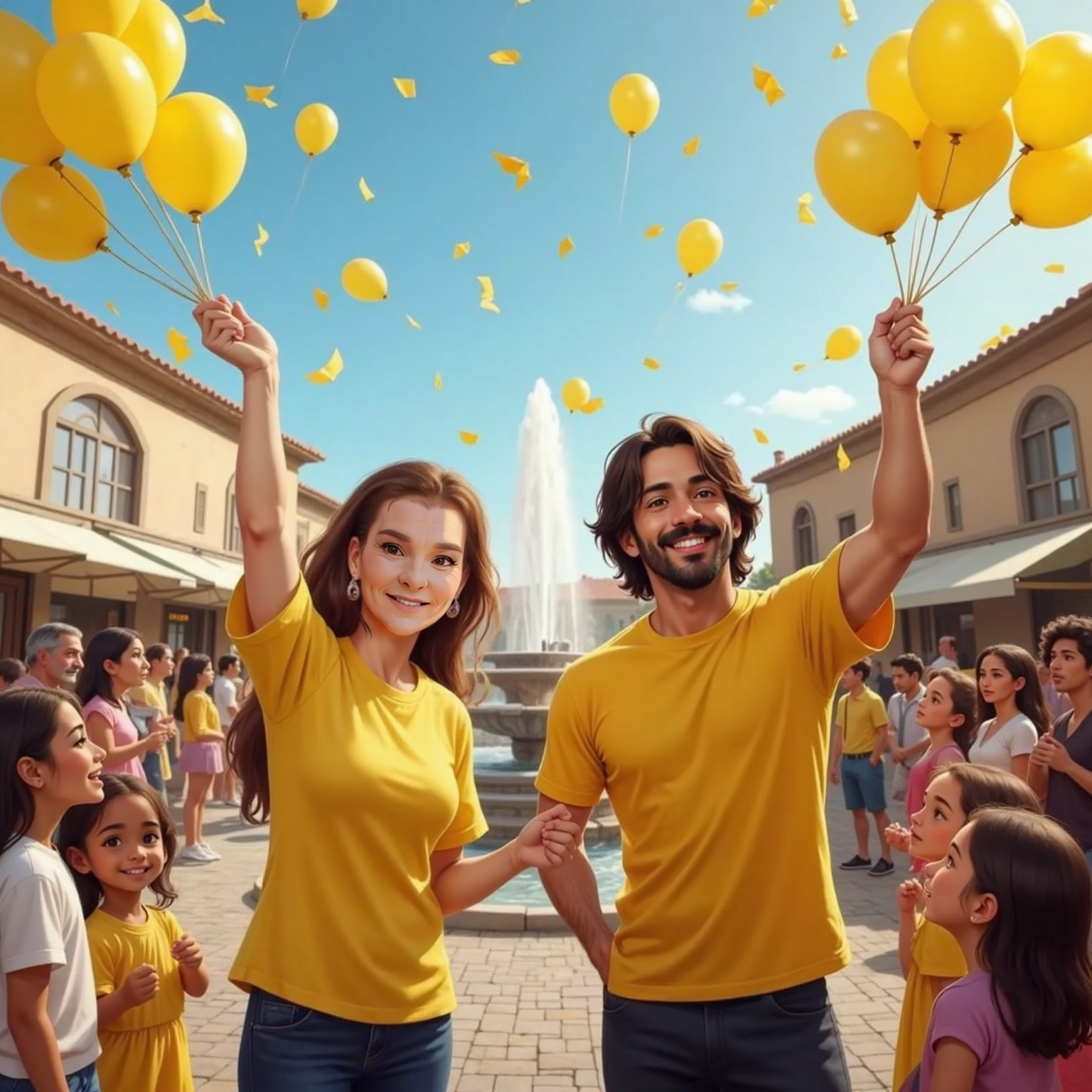 Under a clear afternoon sky in the town square, Granny and Jesus stand centre stage in bright yellow clothes, arms raised as nearby friends release yellow balloons. Confetti sparkles in the sunlight around their joyful smiles.