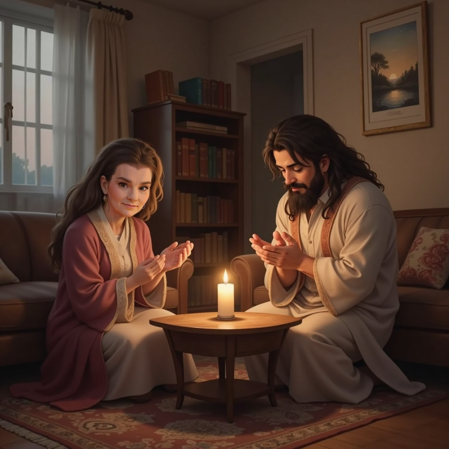 At dusk in Granny's quiet living-room, she kneels beside the sofa with Jesus, both heads bowed and hands clasped. A single candle flickers on the coffee table, casting gentle shadows that emphasize their serene faces.