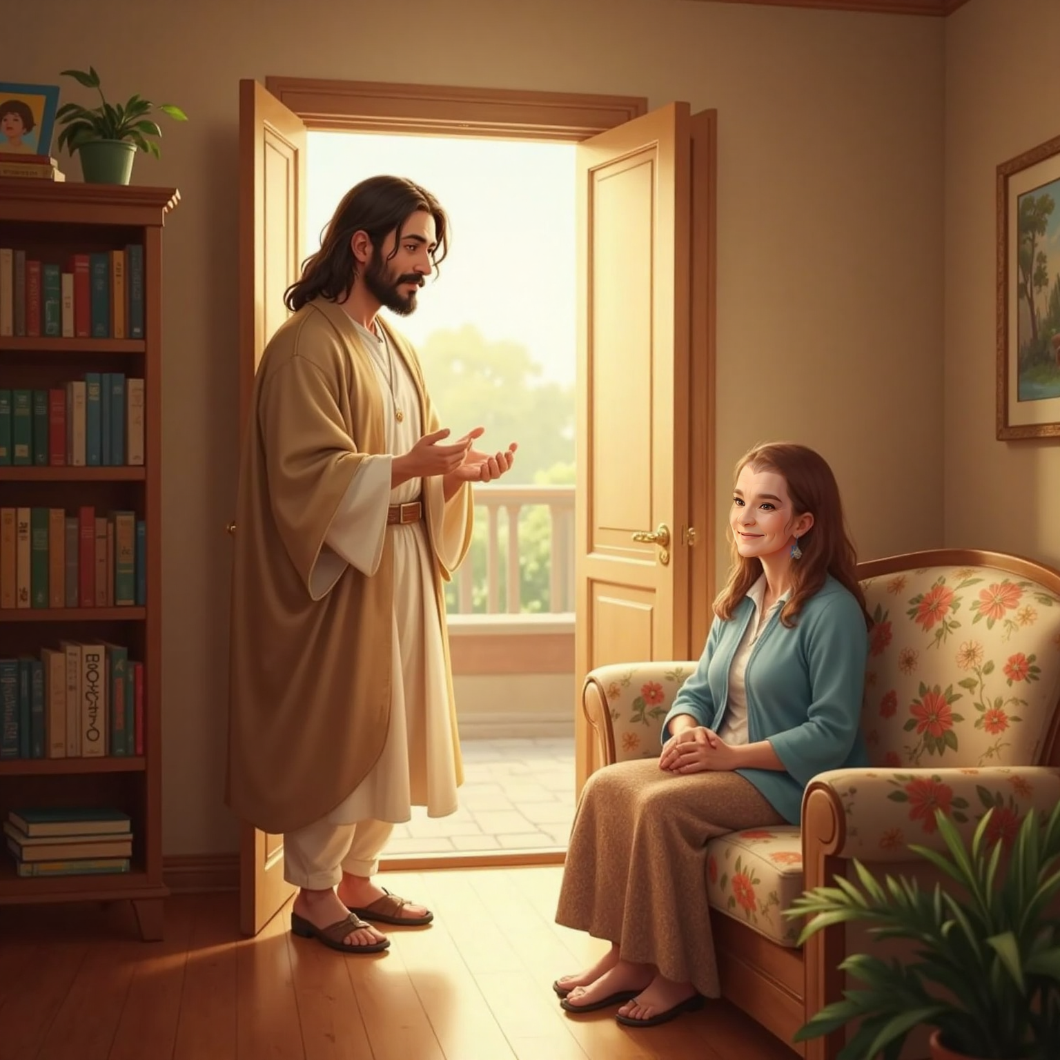 Bright morning sunlight floods the living-room as Jesus stands in the doorway proclaiming healing, his hand lifted; Granny, seated on the couch, gazes up with hopeful eyes. Warm golden rays illuminate motes of dust dancing between them.