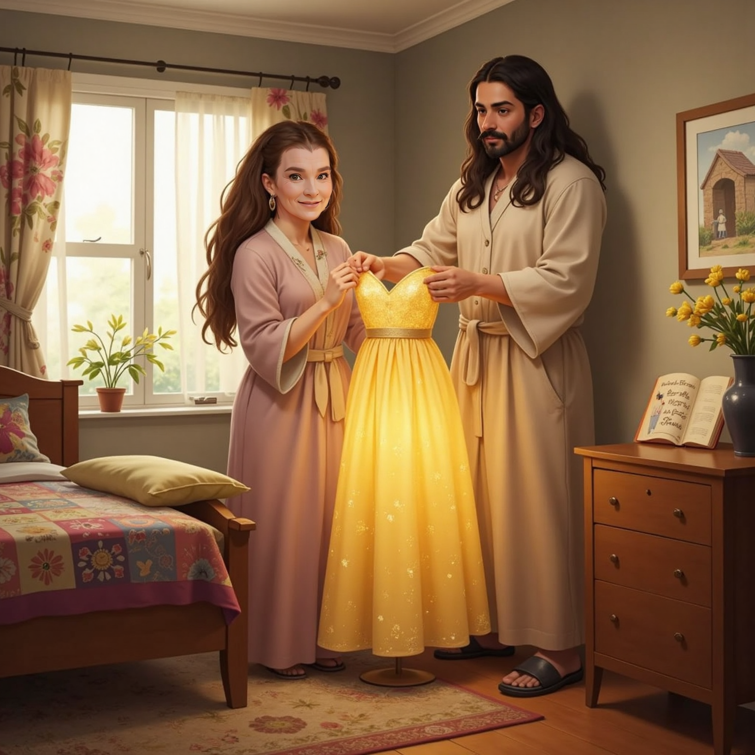 Inside Granny's bedroom, Jesus gently presents a sparkling yellow dress across his arms while Granny clasps her hands in delight. Early morning light filters through sheer curtains, making the fabric glimmer like sunlight.