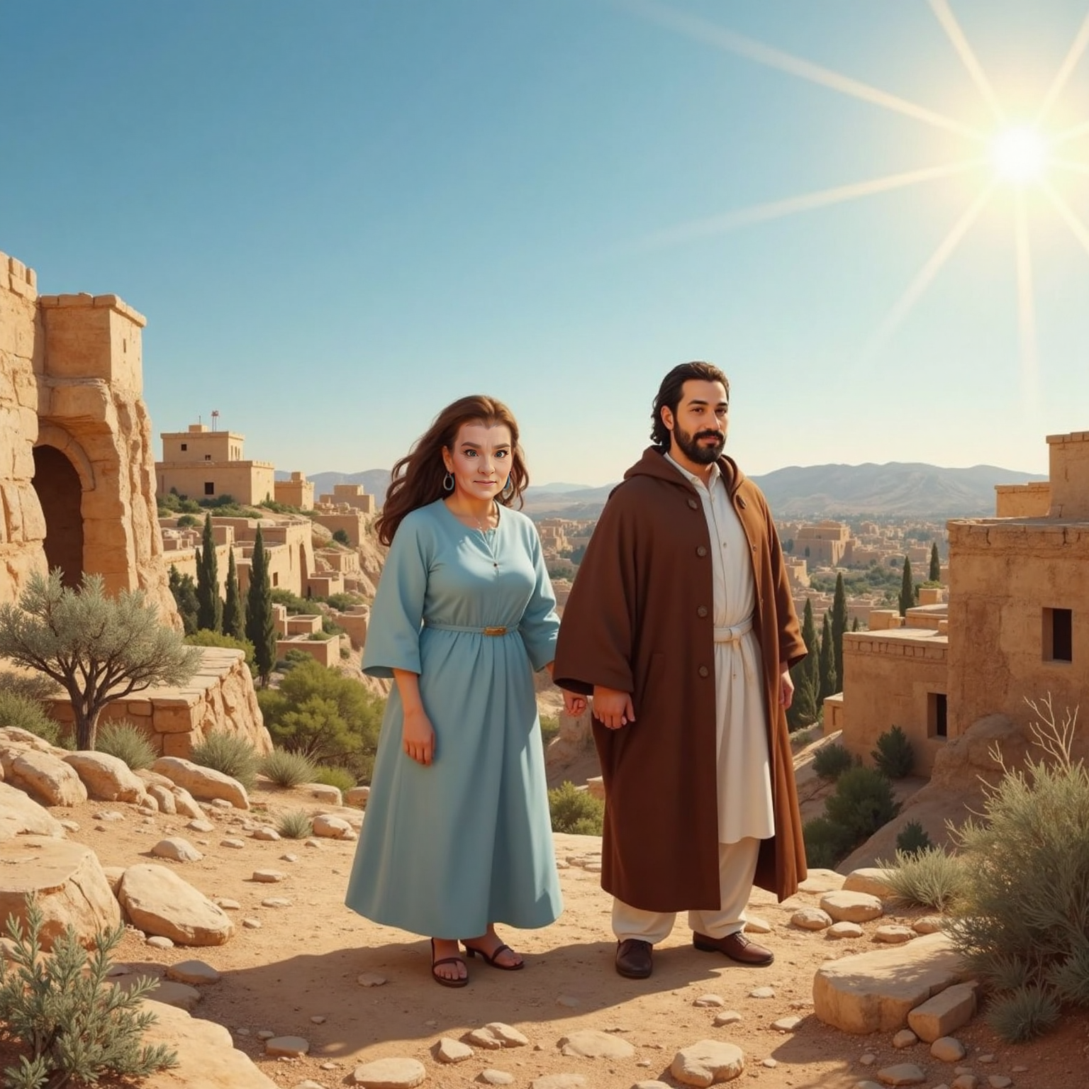 On a rocky hillside in Israel under bright midday sun, Granny and Jesus appear amid a swirl of golden light, wide-eyed and holding hands. Ancient stone buildings and distant olive trees stretch behind them.