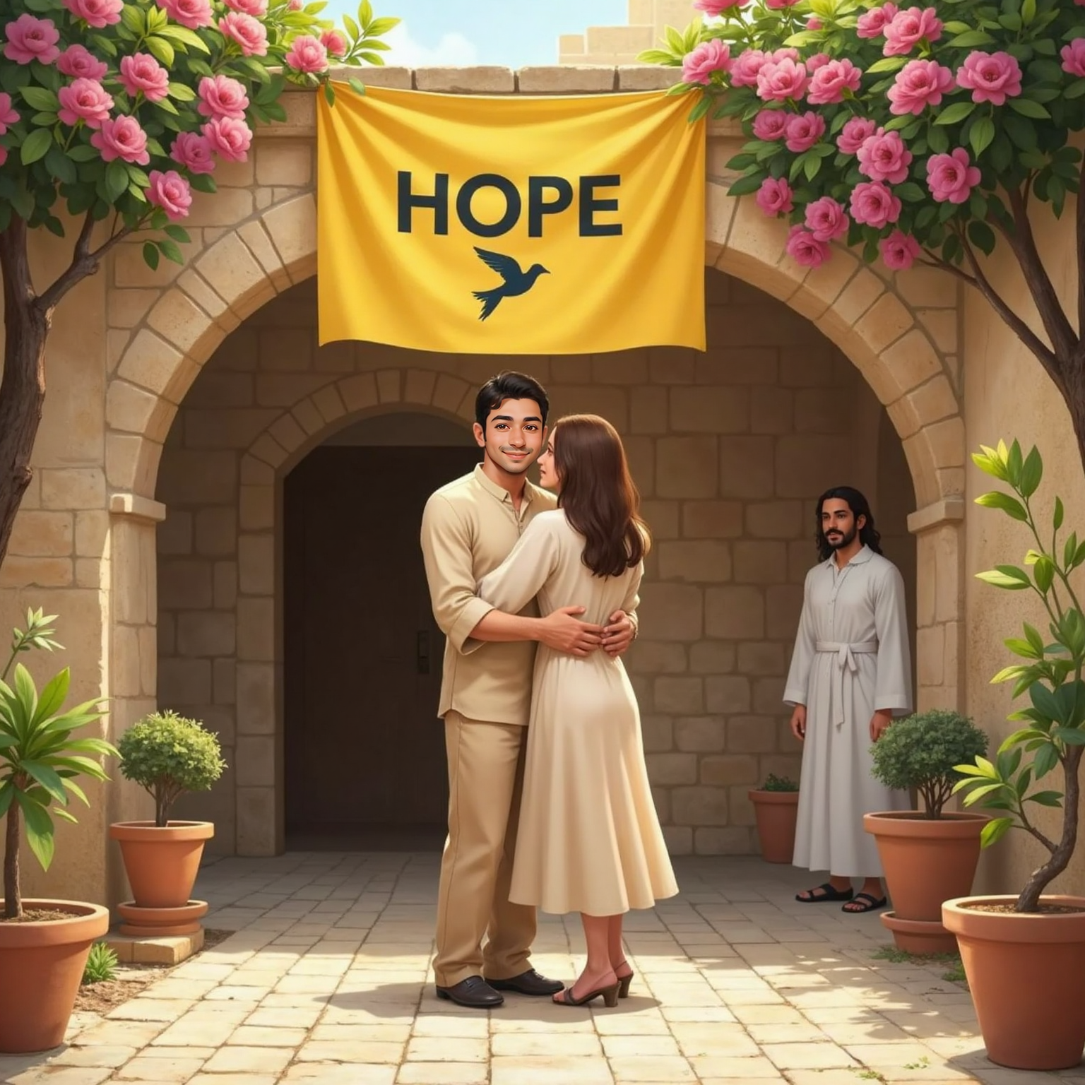 In a sunlit Jerusalem courtyard, Muhammad greets Granny with a warm embrace while Jesus smiles nearby. Sand-colored arches, blooming bougainvillea, and a fluttering yellow banner of hope frame the joyful reunion.