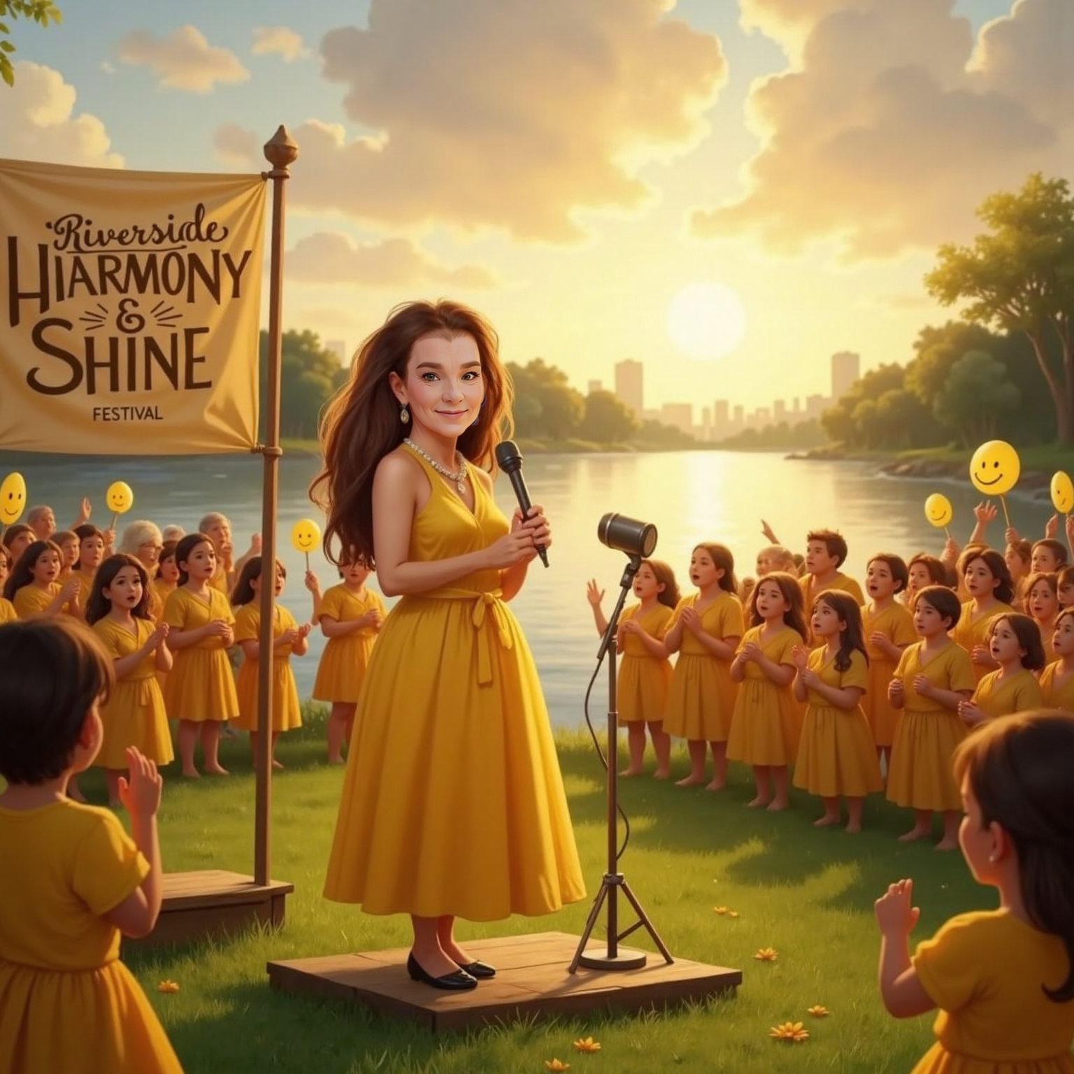 On a vast riverside lawn at sunset, Granny stands at a microphone wearing her yellow dress while crowds in matching yellow outfits sing and wave small flags. Warm orange light reflects off the water, uniting the joyful scene.