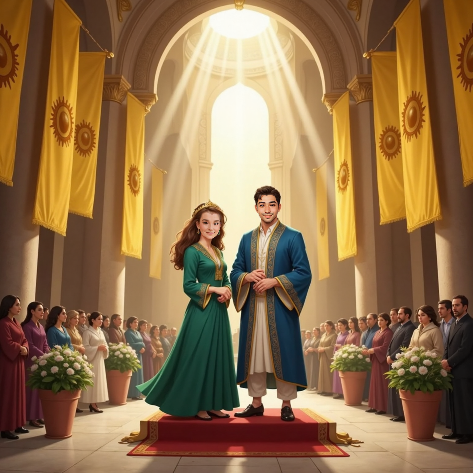 Inside a brightly lit throne room draped with yellow banners, Granny wears a simple golden crown and addresses gathered citizens from a small dais, Muhammad standing proudly at her side. Sunbeams through high windows emphasize their hopeful expressions.