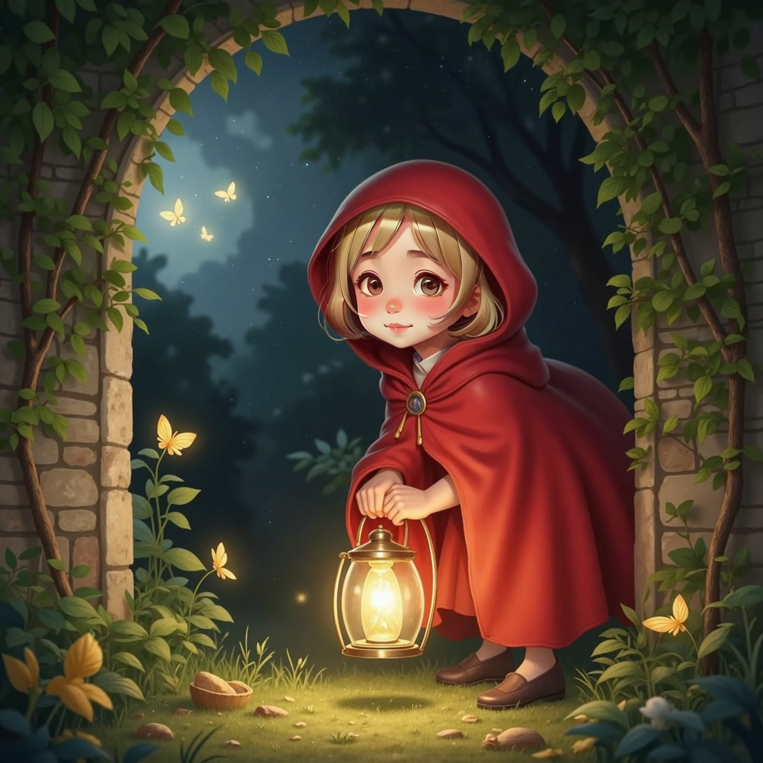 Outside at twilight, beside an ivy-covered stone wall, Elara leans forward holding a glowing lantern, red cloak billowing, eyes wide toward a faint sparkle peeking through leaves. Soft butterfly silhouettes flutter around in dusky light.