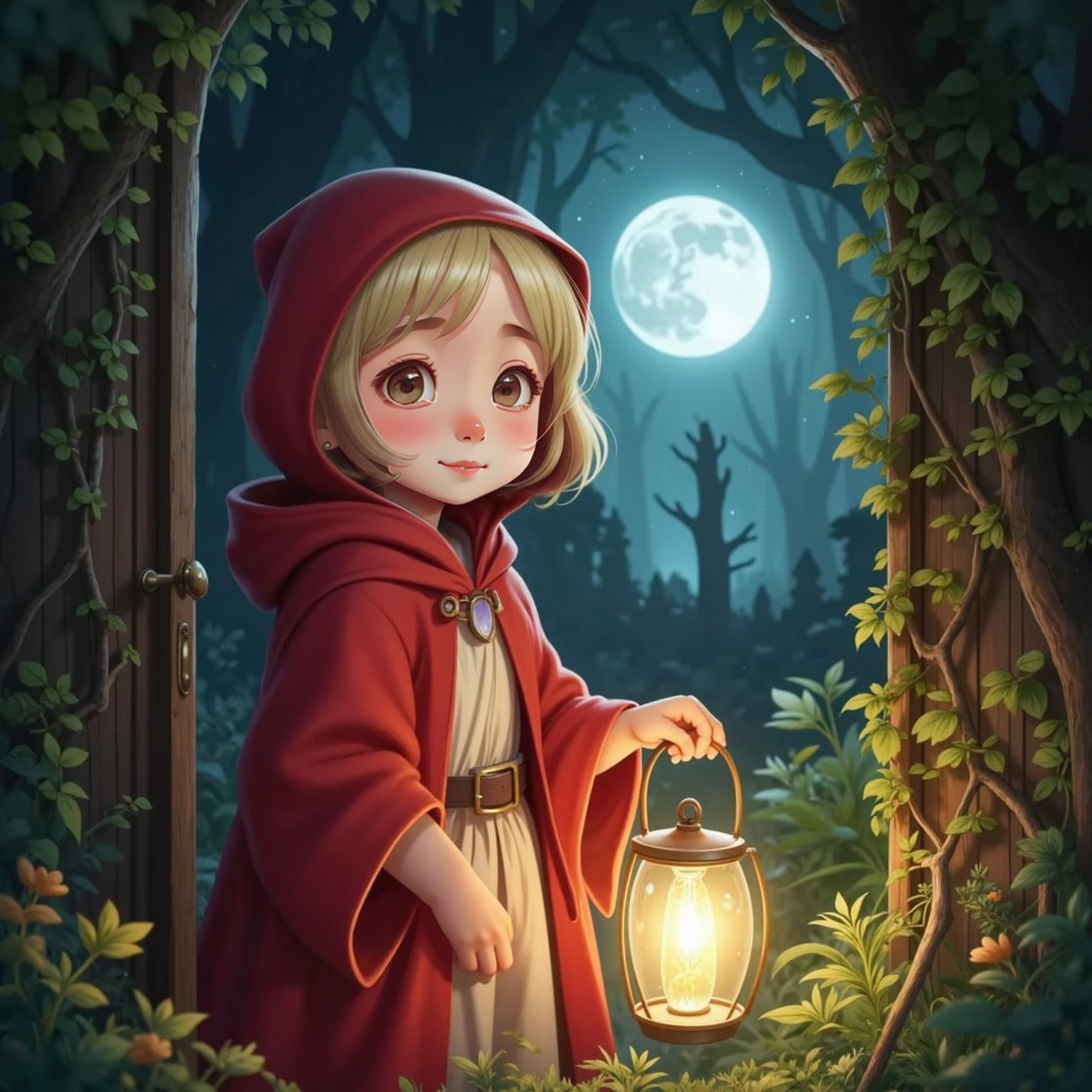 Under bright moonlight outside the ivy-strangled wooden gate, Elara pushes the creaking door inward while her lantern casts warm gold onto curling vines. Her face glows with awe as the luminous garden beckons beyond.