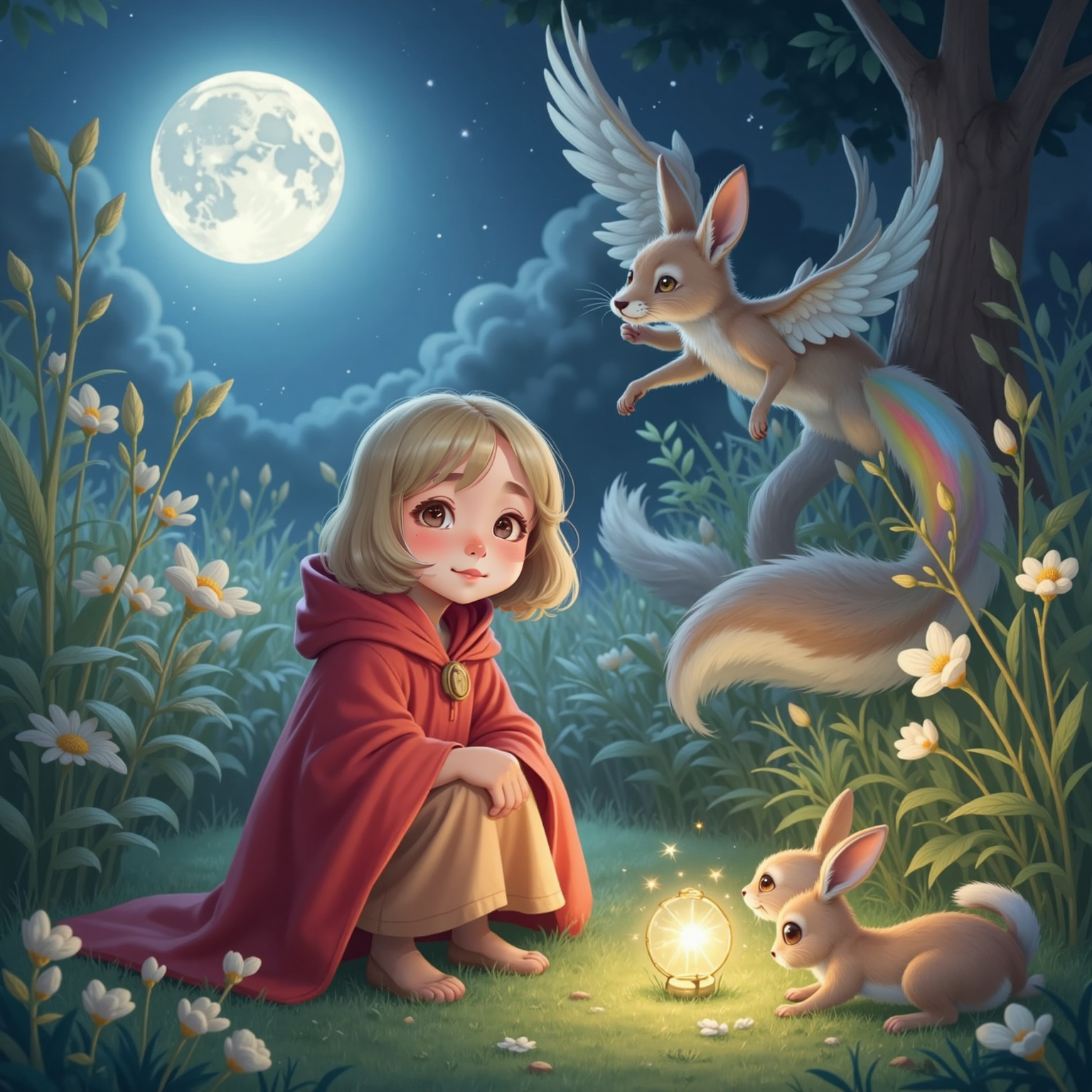 In the moonlit garden, Elara kneels in silver grass, smiling as a winged fox with a rainbow-glint tail hovers nearby while two color-shifting rabbits with glowing fur explore star-sparkling flowers.