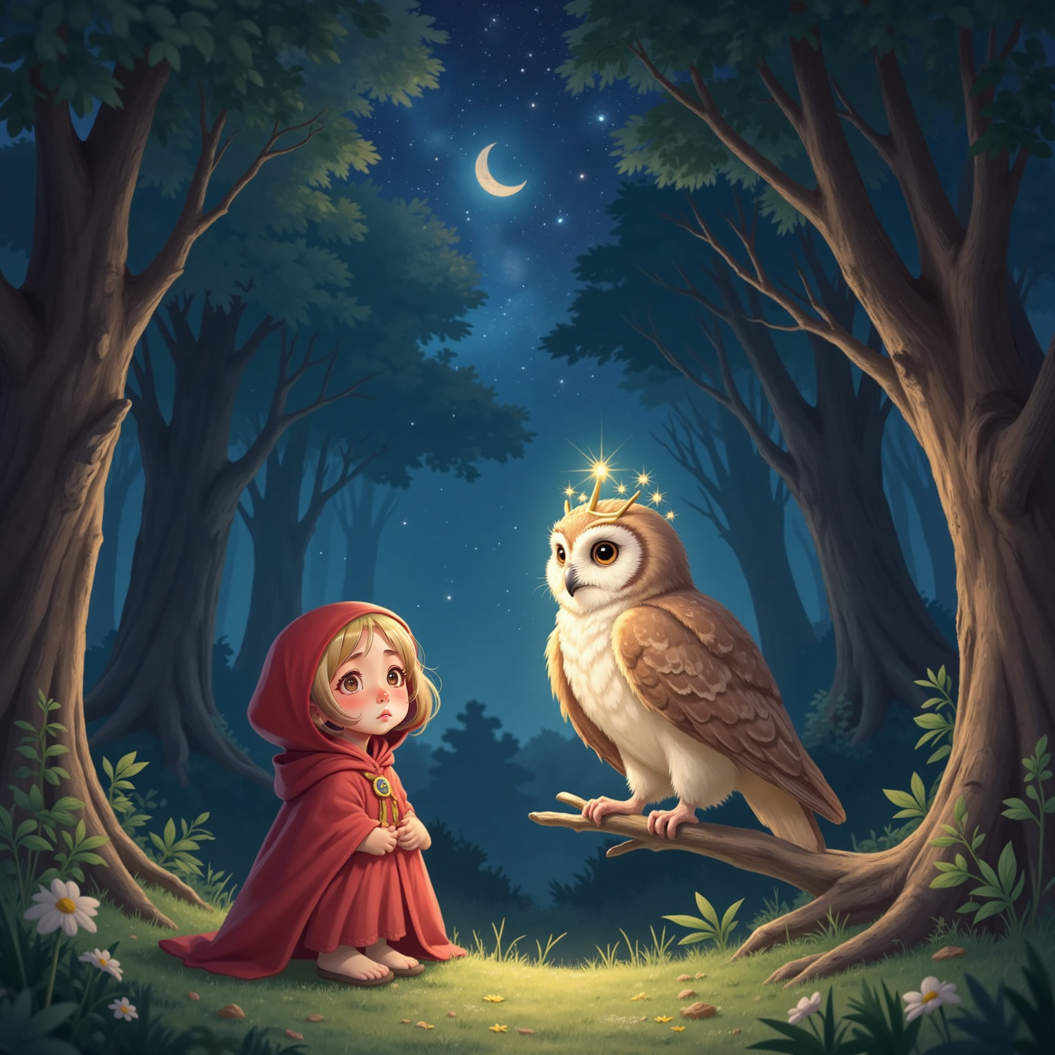 Under a velvet night sky beside glittering trees, Elara bows respectfully toward an owl with a stardust crown and night-sky feathers perched on a low luminous branch.