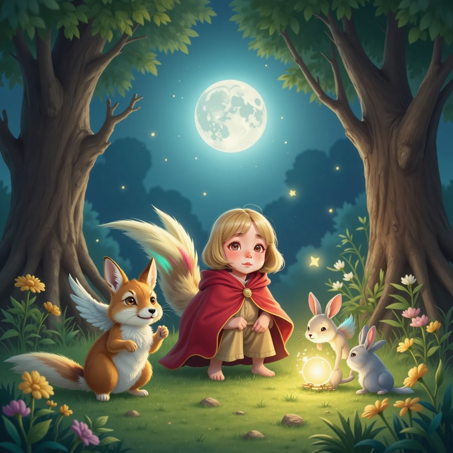 On a moss-glowing clearing beneath soft moonlight, Elara kneels laughing beside a winged fox with a rainbow-glint tail, while two color-shifting rabbits with glowing fur nibble luminous moonflowers nearby.