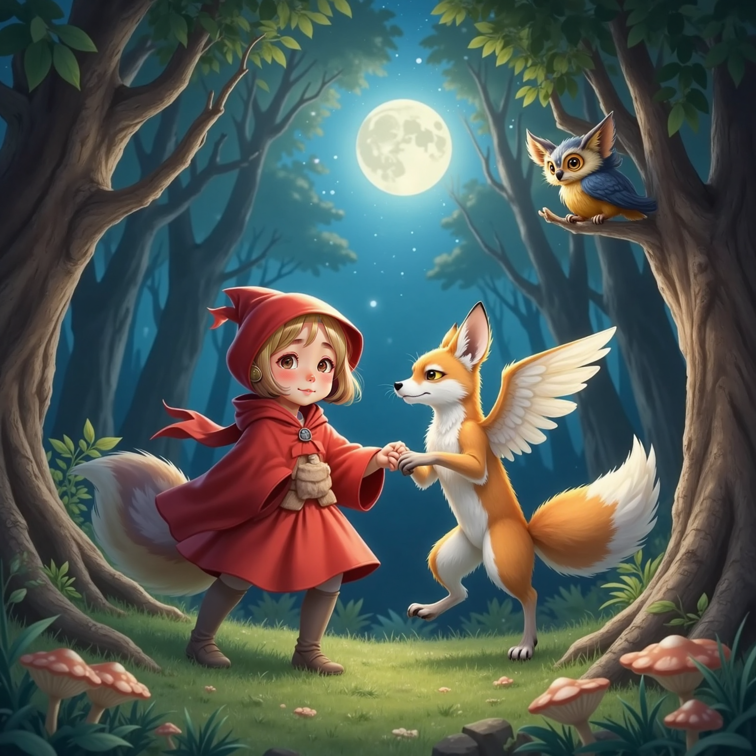 Within silver-leafed trees at midnight, Elara twirls joyfully hand-in-paw with a winged fox with a rainbow-glint tail as an owl with a stardust crown and night-sky feathers taps rhythm on a branch.