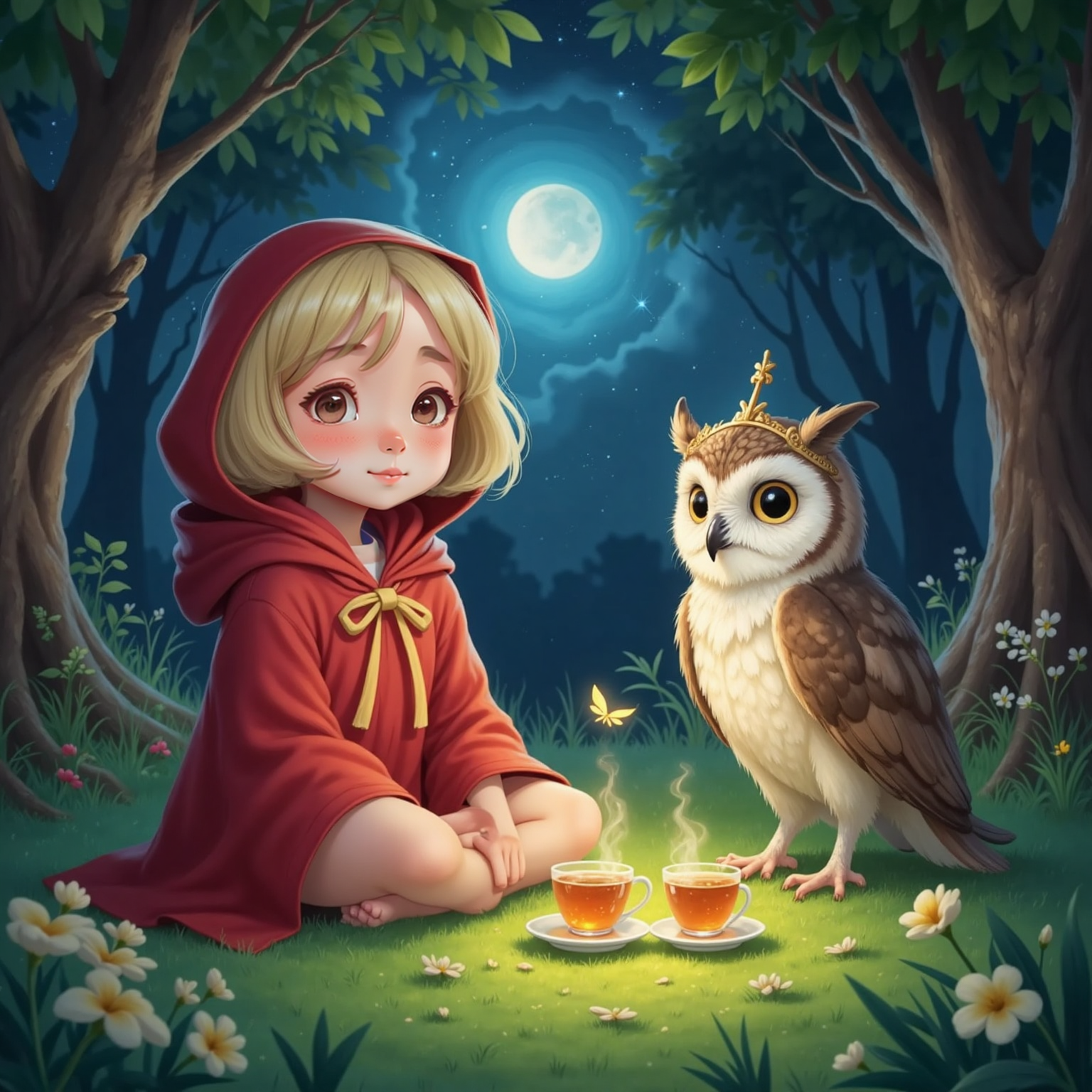 In a moonlit glade, Elara sits cross-legged on glowing grass opposite an owl with a stardust crown and night-sky feathers; between them float delicate cups of shimmering moonflower tea, steam curling like silver ribbons.