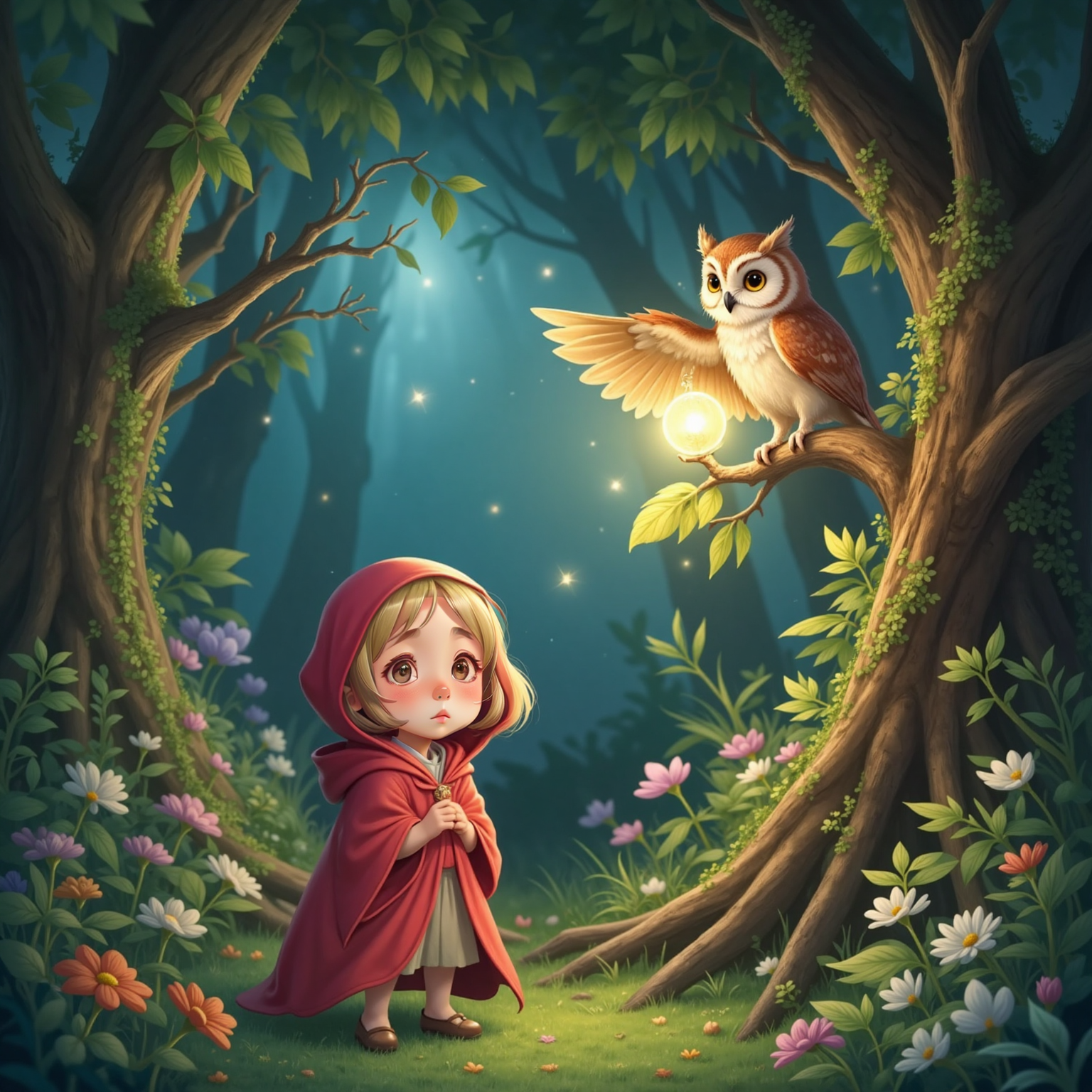 At the heart of the luminous garden, Elara stands awestruck while an owl with a stardust crown and night-sky feathers presents the glowing Pearl of Courage, Ribbon of Kindness, and Feather of Wonder resting on a radiant leaf.