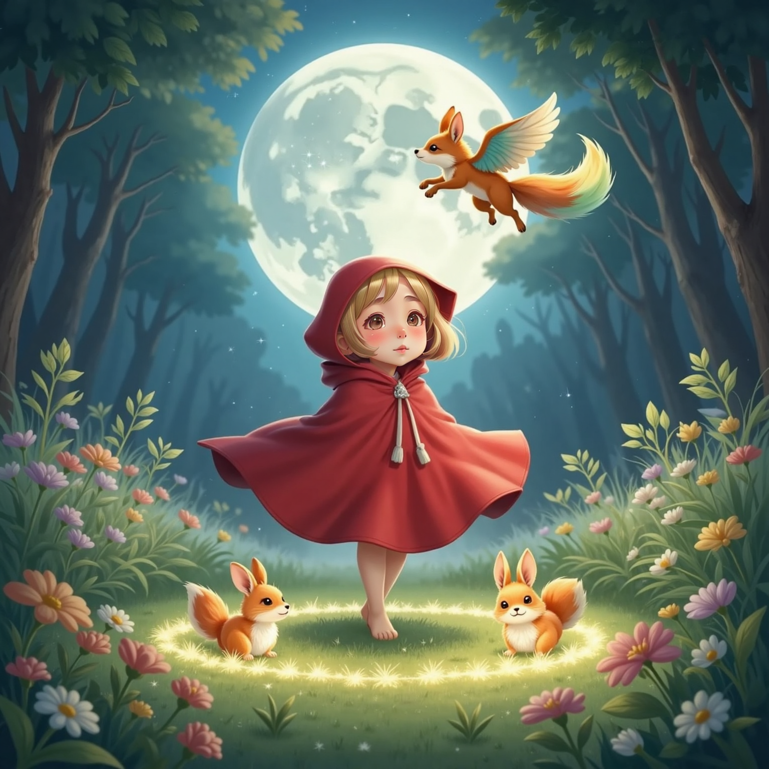 Under a high full moon, Elara spins through silvery grass laughing, a winged fox with a rainbow-glint tail circling her in mid-air while two color-shifting rabbits with glowing fur leap in a sparkling ring of flowers.