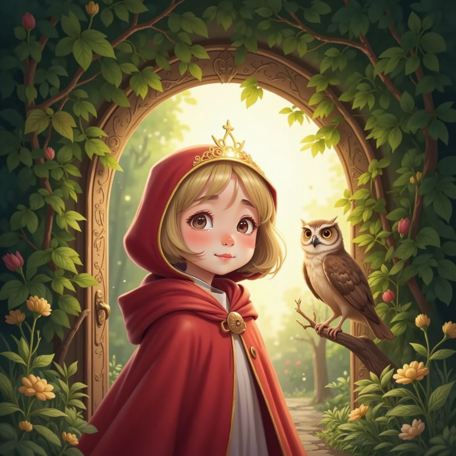At the vine-framed gate tinted by rosy dawn, Elara closes her eyes peacefully as an owl with a stardust crown and night-sky feathers brushes her forehead with one luminous wing, garden light fading behind them.
