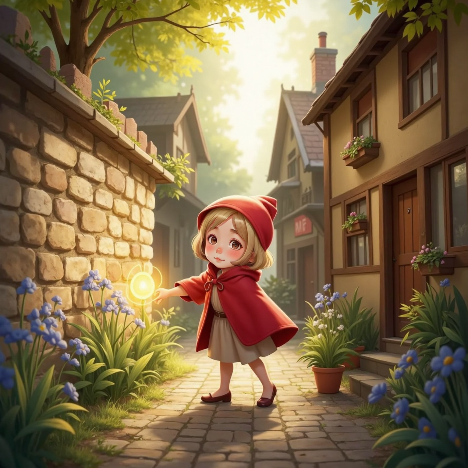 Morning sunlight bathes the village lane as Elara, red cloak shimmering, touches glowing flowers sprouting from the stone wall’s cracks; nearby, passersby pause, pointing in hushed wonder at the sudden magic.
