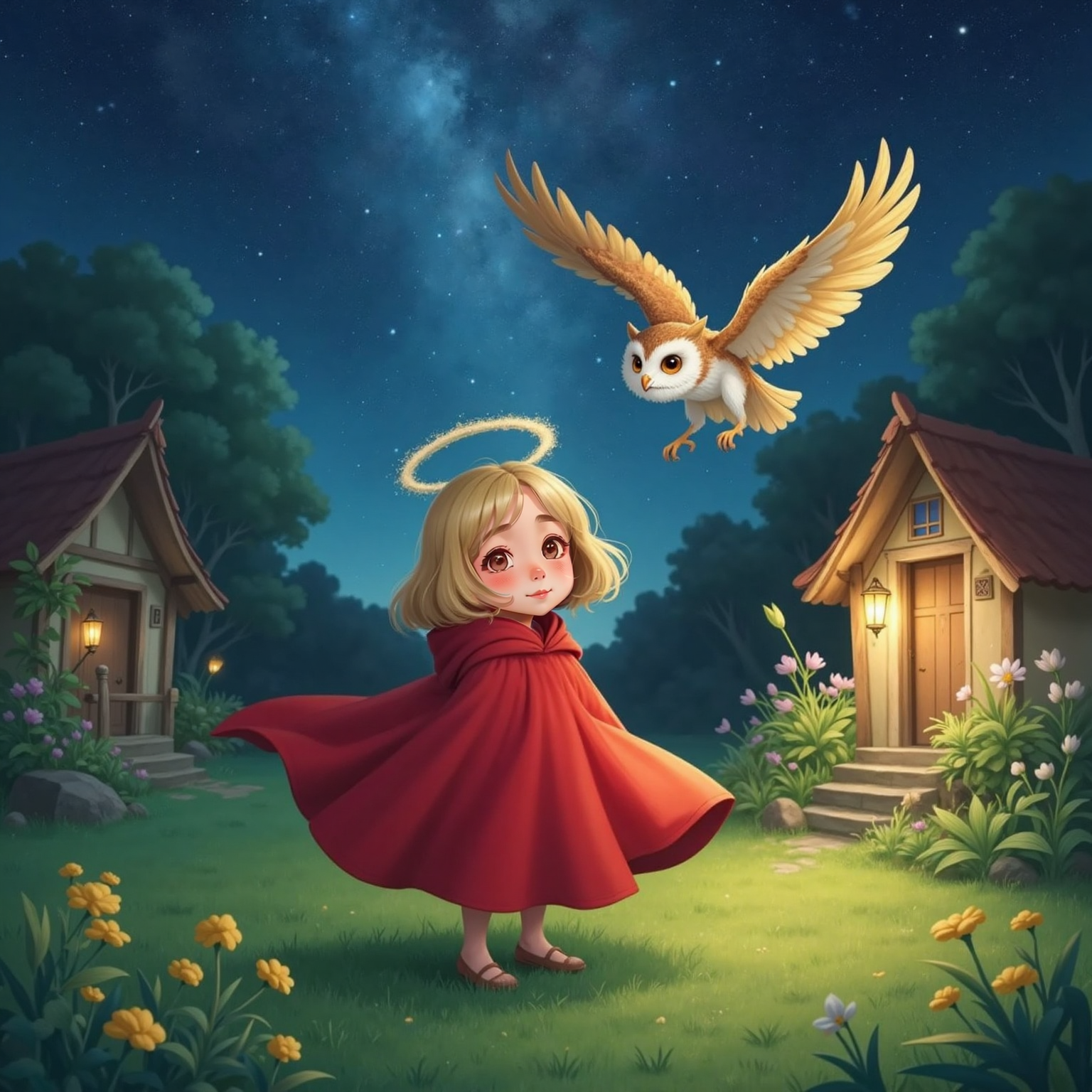 Outside the village under crisp starlight, Elara twirls joyfully in dewy grass while an owl with a stardust crown and night-sky feathers glides above, releasing gentle hoots that mingle with distant echoing laughter from the hidden garden.